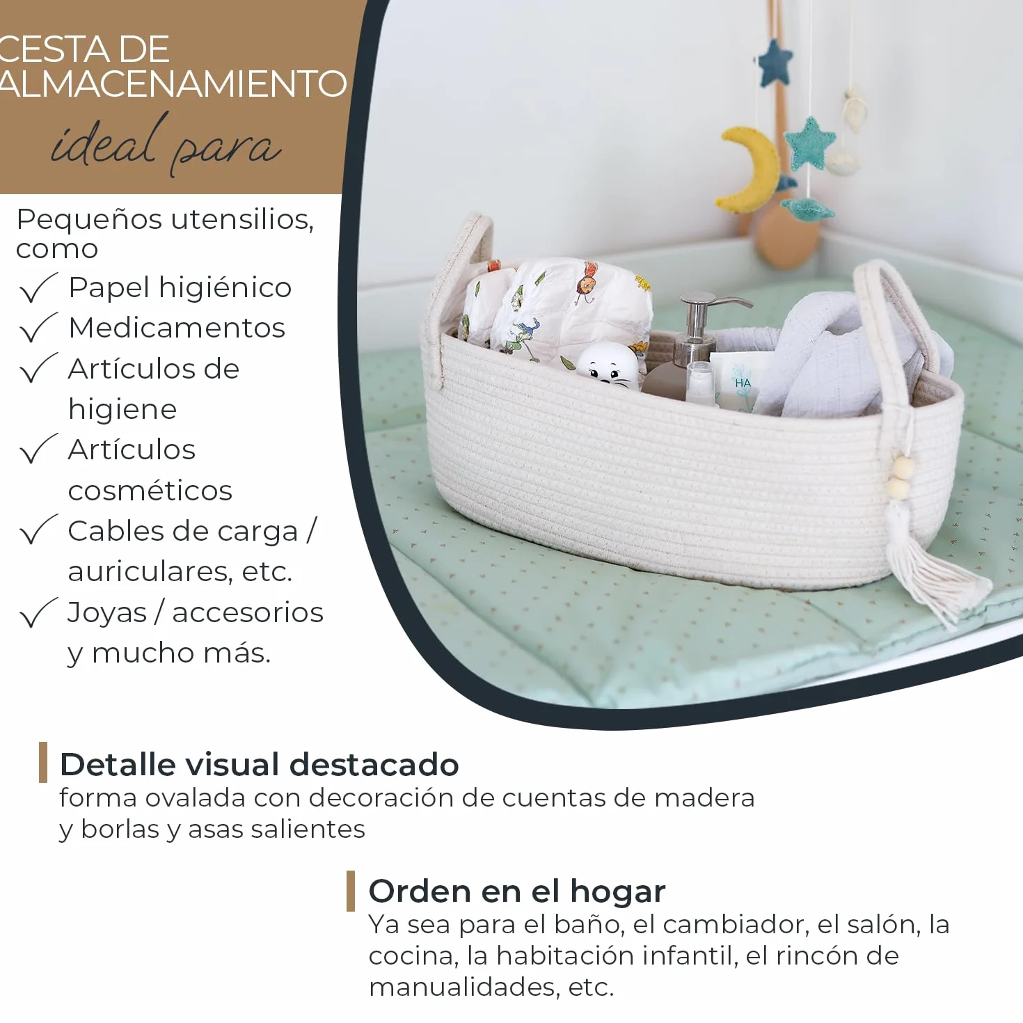 HMF Cesta de almacenamiento para baño, cesta para papel higiénico de algodón, 38,5 x 15,5 x 14 cm, color crema