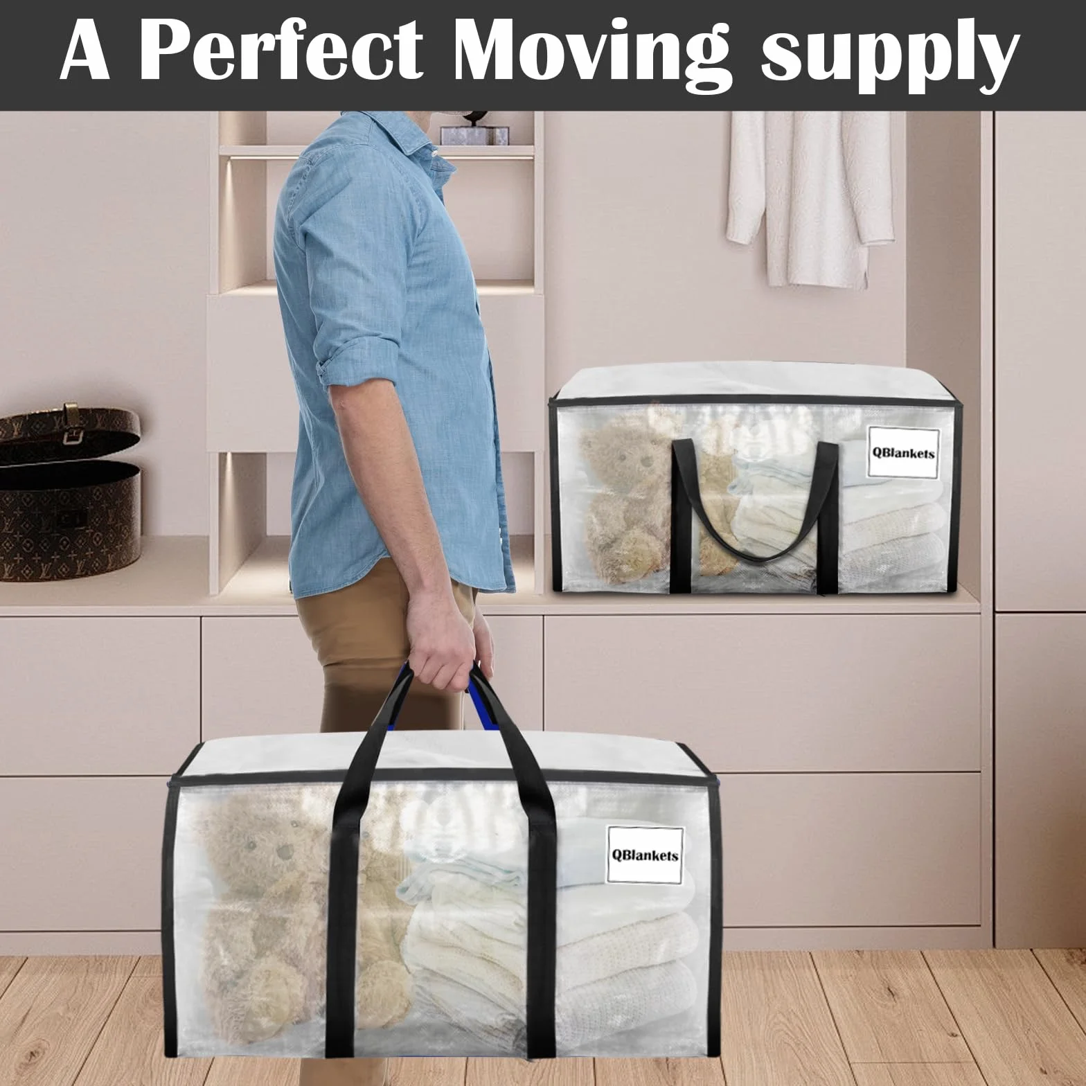 Withosent 100L Grande Bolsa de Almacenamiento, 2 Piezas Impermeable Bolsas de Mudanza con Cremallera y Asa, Bolsas para Guardar Ropa Edredones, Alternativa a las Cajas de Mudanza, Transparente