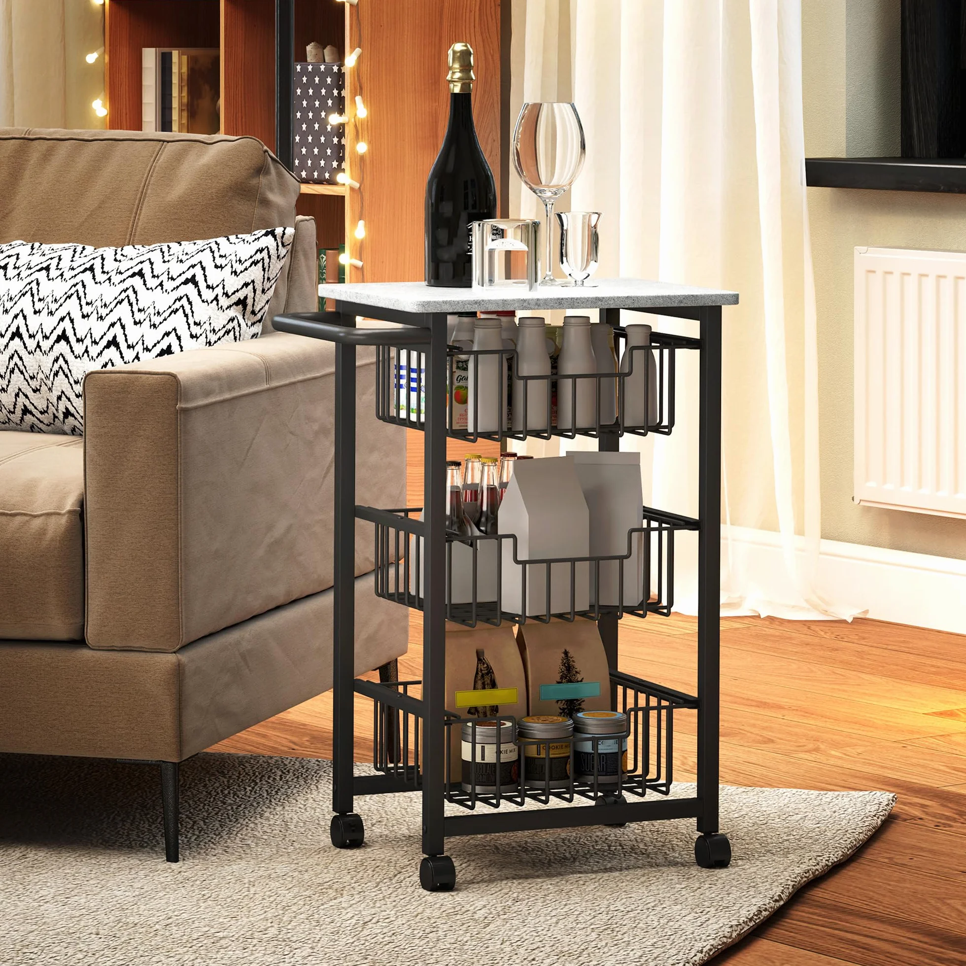 HOMCOM Carrito de Cocina Carrito Verdulero para Cocina con 3 Cestas Deslizables y Marco de Acero Carrito Auxiliar con Ruedas para Comedor 49,5x31x69 cm Gris Claro