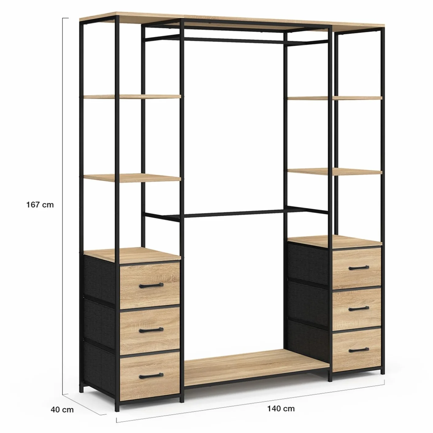 IDMarket - Vestidor doble armario + doble columna L. Utah 140 cm con 6 estantes y 6 bandejas de tela de madera y negro