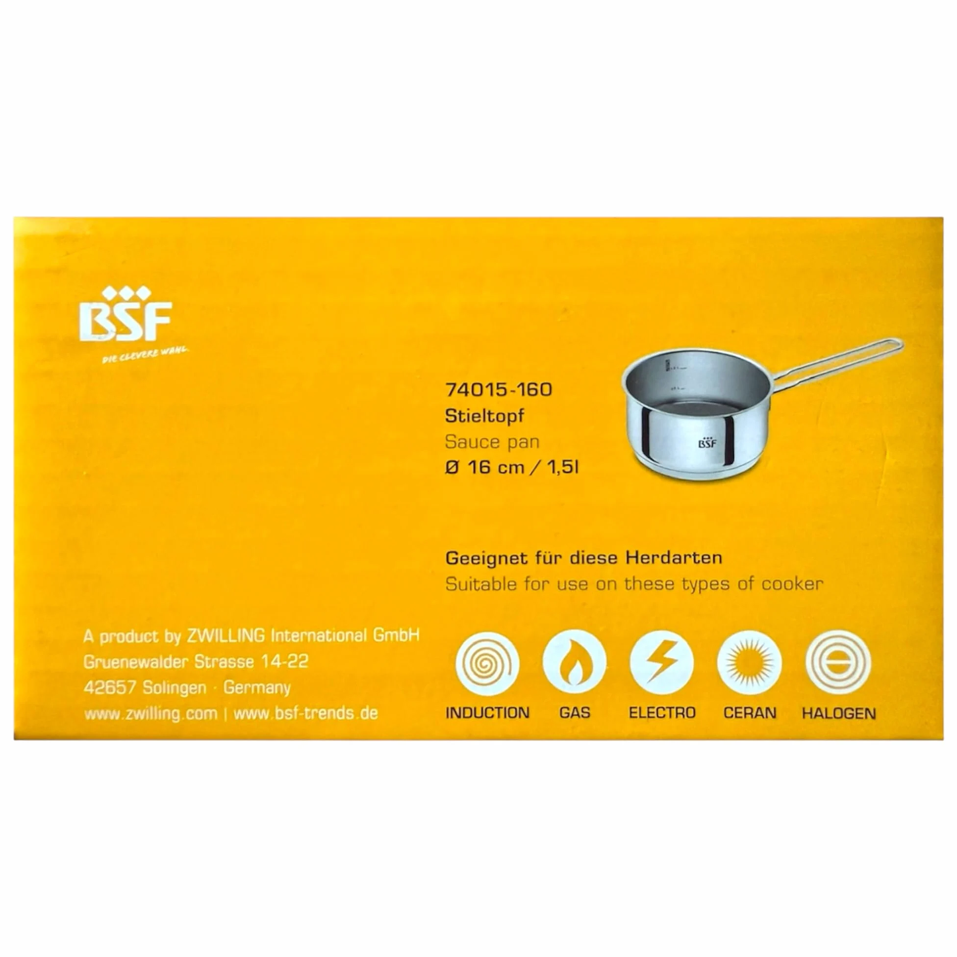 Zwilling BSF Burdeos - Cacerola (16 cm, 1,5 L, acero inoxidable, con escala interior (0,5 l/1 l), cacerola con mango apto para inducción, apto para lavavajillas, cacerola