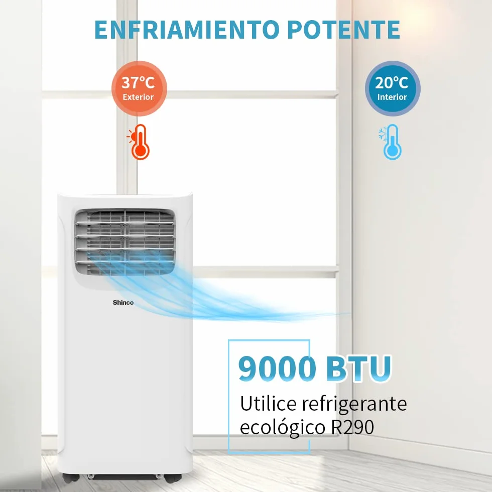 SHINCO 9000BTU Aire Acondicionado Portátil con Función 3 en 1, Aire acondicionado, Deshumidificador, Ventilador, Modo de suspensión, Para máximo de 22㎡, Temporizador de 24 horas, Kit de Ventana