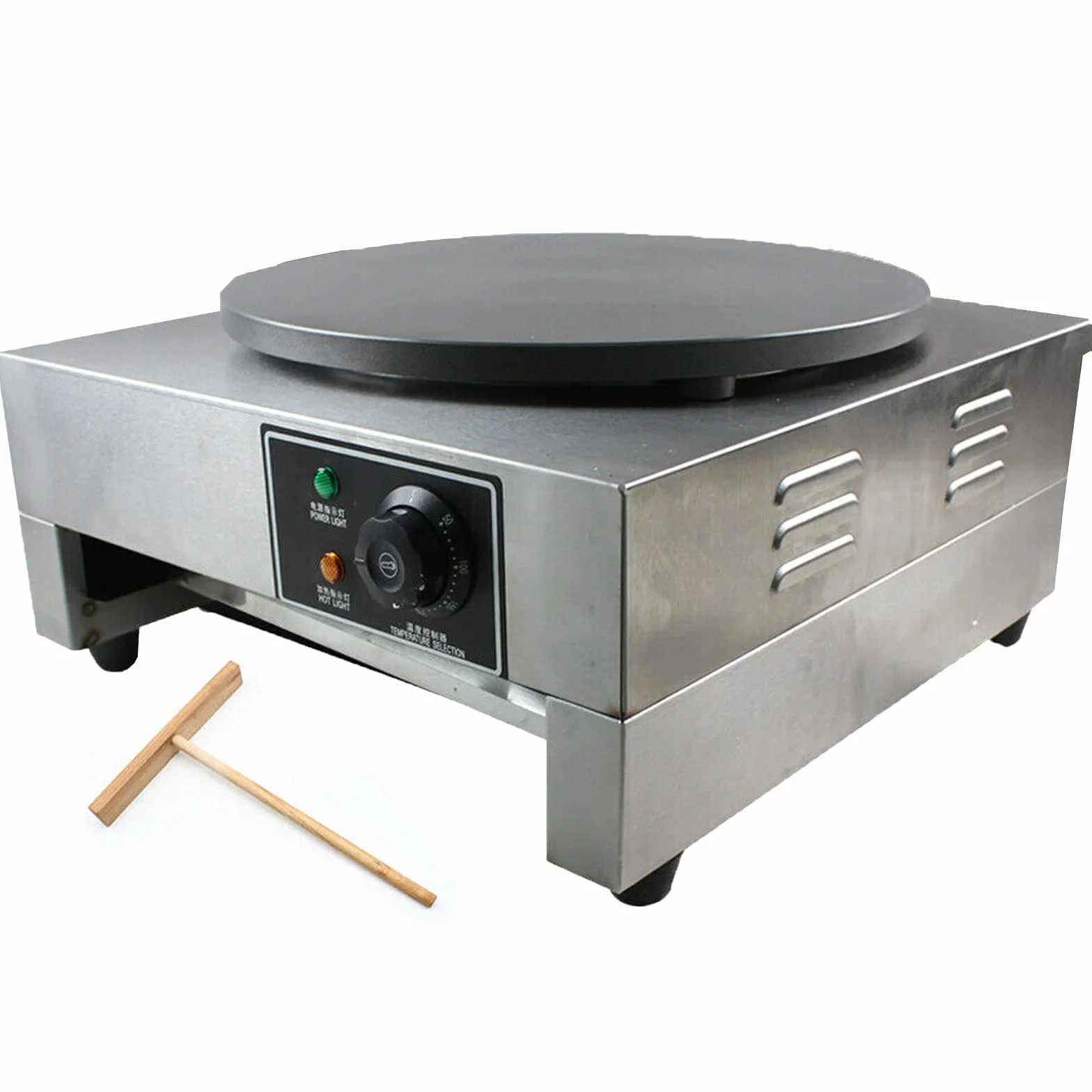 Futchoy - Crepa profesional con cuchara de madera 3000 W, crepera antiadherente, temperatura ajustable 50-300 ℃, para crepes, φ400 mm, moderno, profesional, acero inoxidable