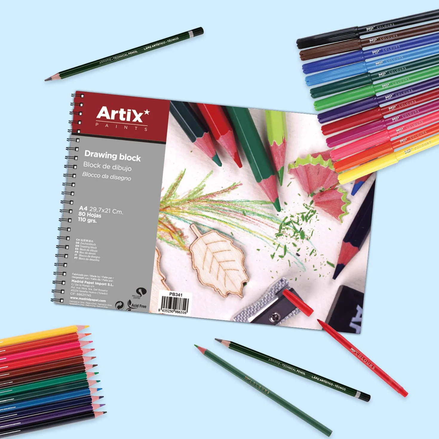 MP-ARTIX, Bloc de Dibujo, Tamaño A4, 80 Hojas de 110gr, Bloc de Bocetos con Espiral, 29.7x21 cm, Ideal para Dibujar con Carboncillo, Lápiz, Rotulador, Ceras o Pinturas