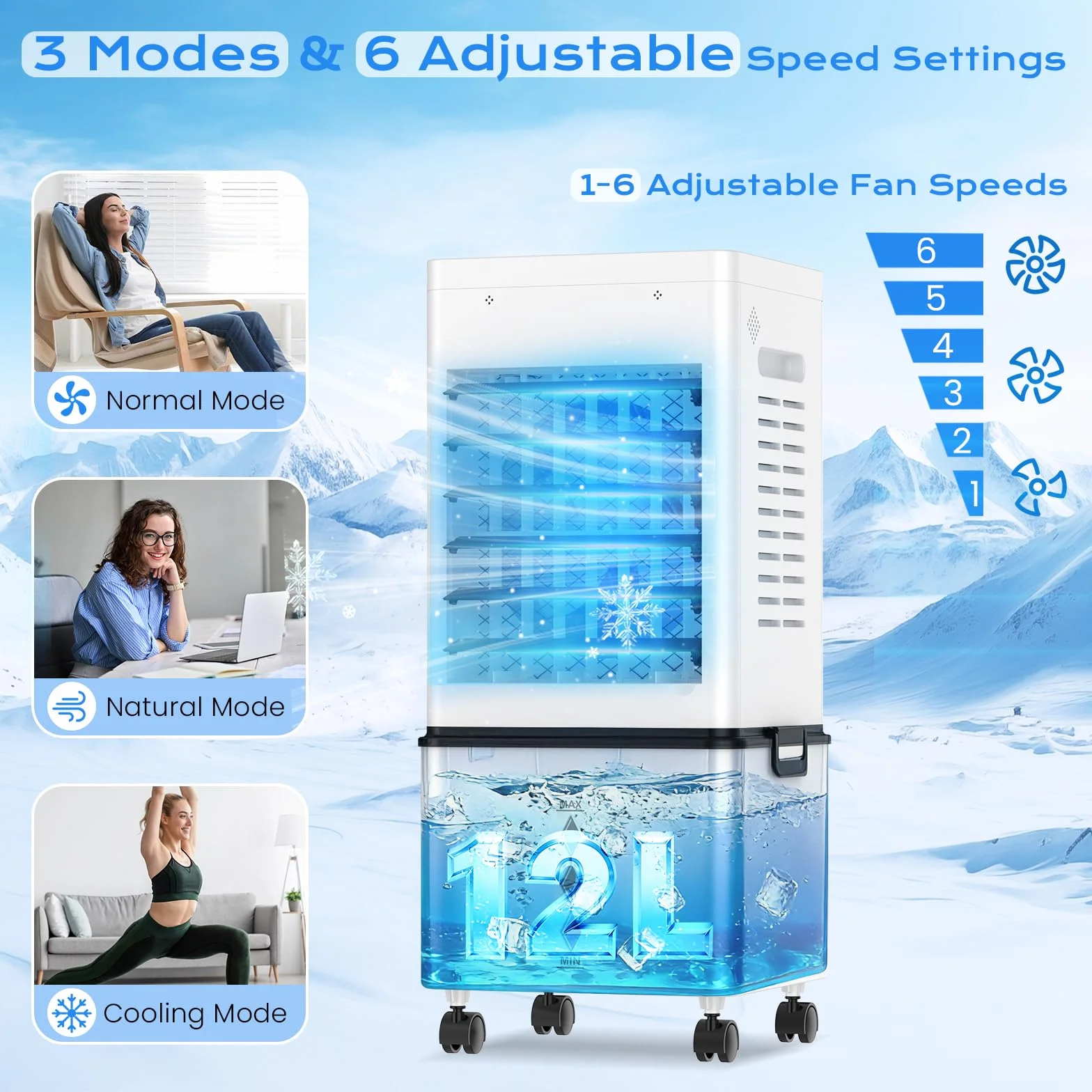 Aire Acondicionado Portátil sin Tubo 12L, 45W 4 en 1 Enfriador de Aire Silencioso, 6 Velocidades 3 Modos, Oscilación, Temporizador de 1-12 H, Control Remoto 4 Packs de Hielo para Hogar Oficina