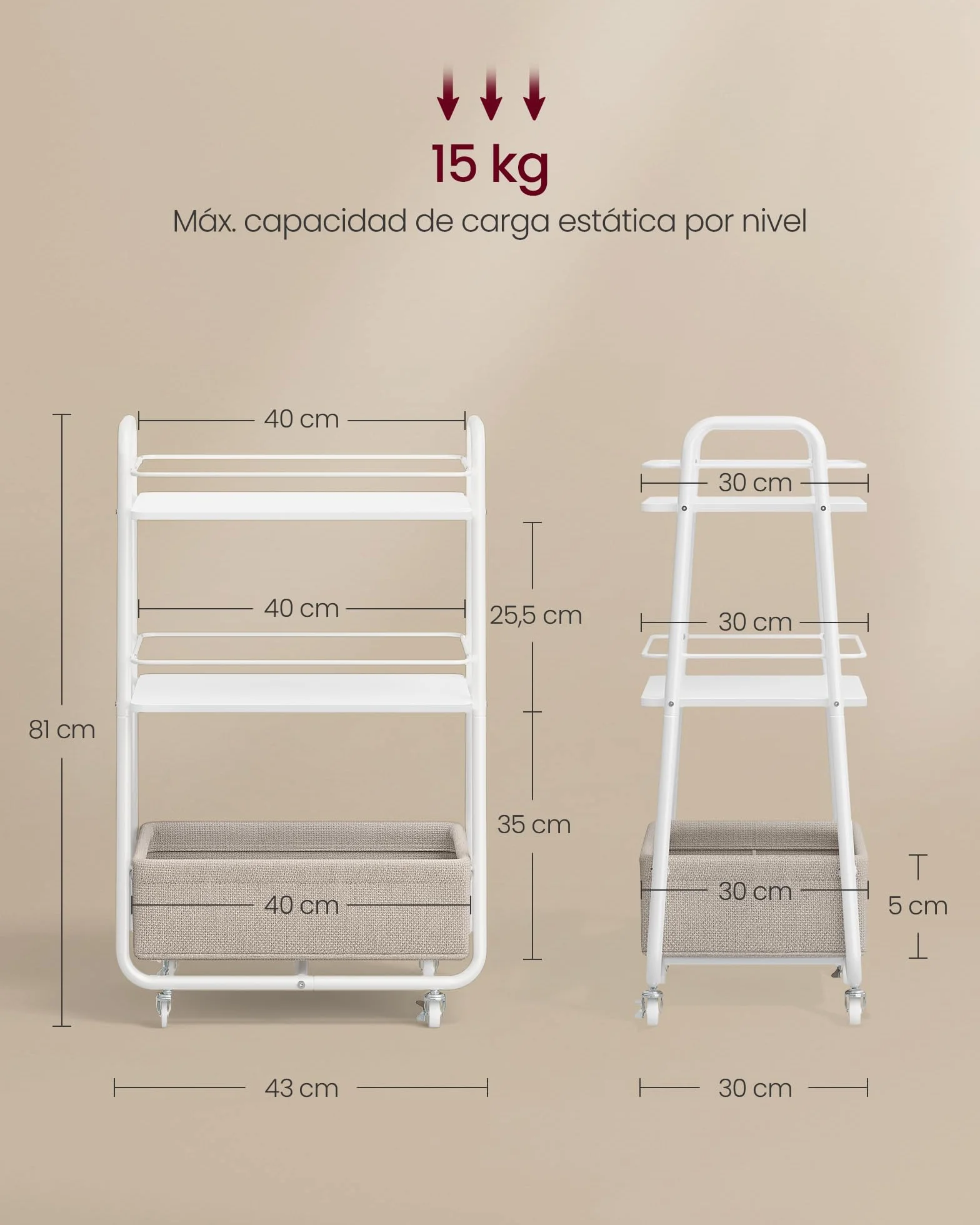 VASAGLE LILEA Colección - Carro de Almacenamiento con Cesta de Tela, Carrito de 3 Niveles con Ruedas, Organizador para Salón, Dormitorio y Cocina, Blanco Nube y Marrón Camello LRC001WB01
