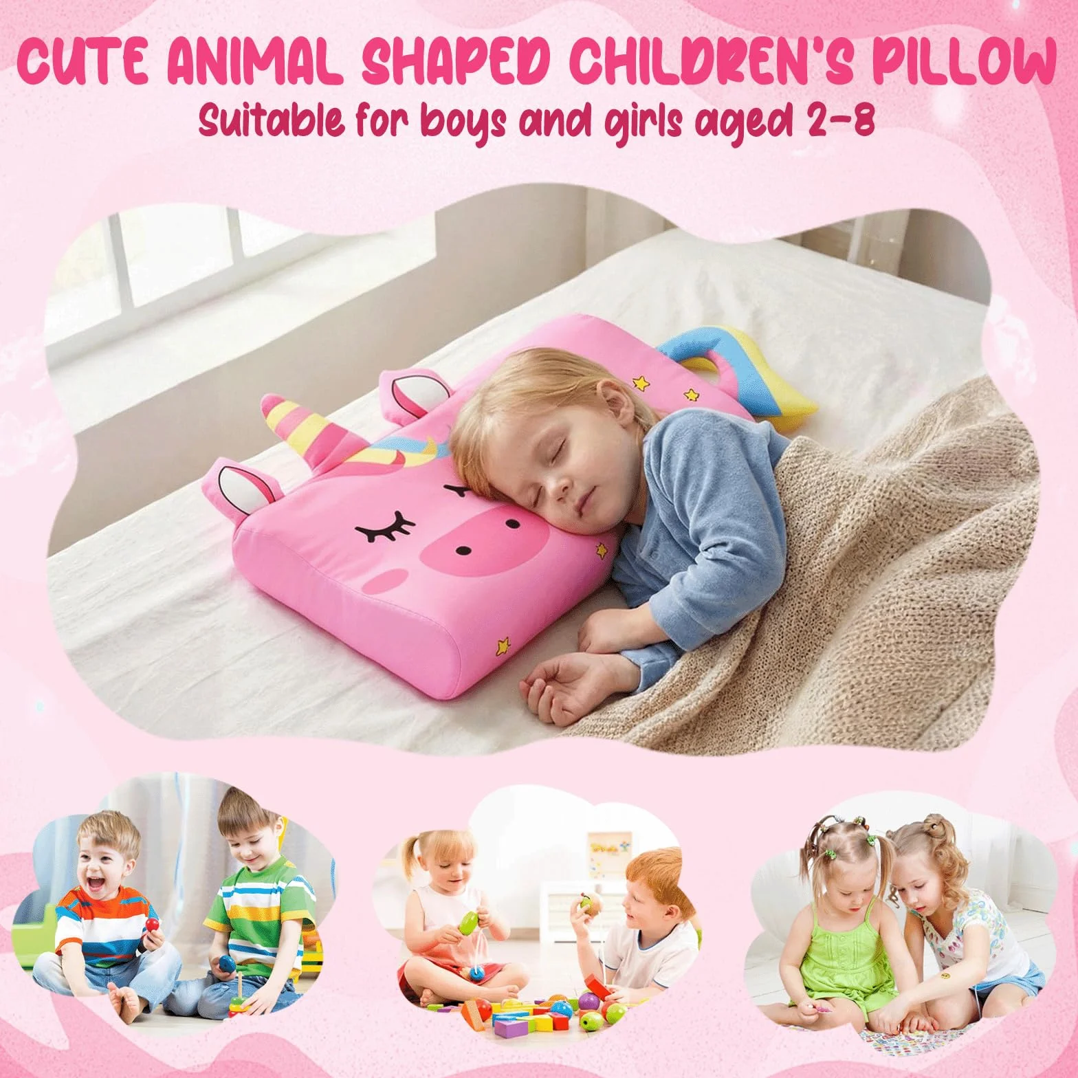 Almohada Infantil Ergonómica de Espuma Viscoelástica, Lavable y Transpirable, para Cuna Viaje Guardería 2-8 Años
