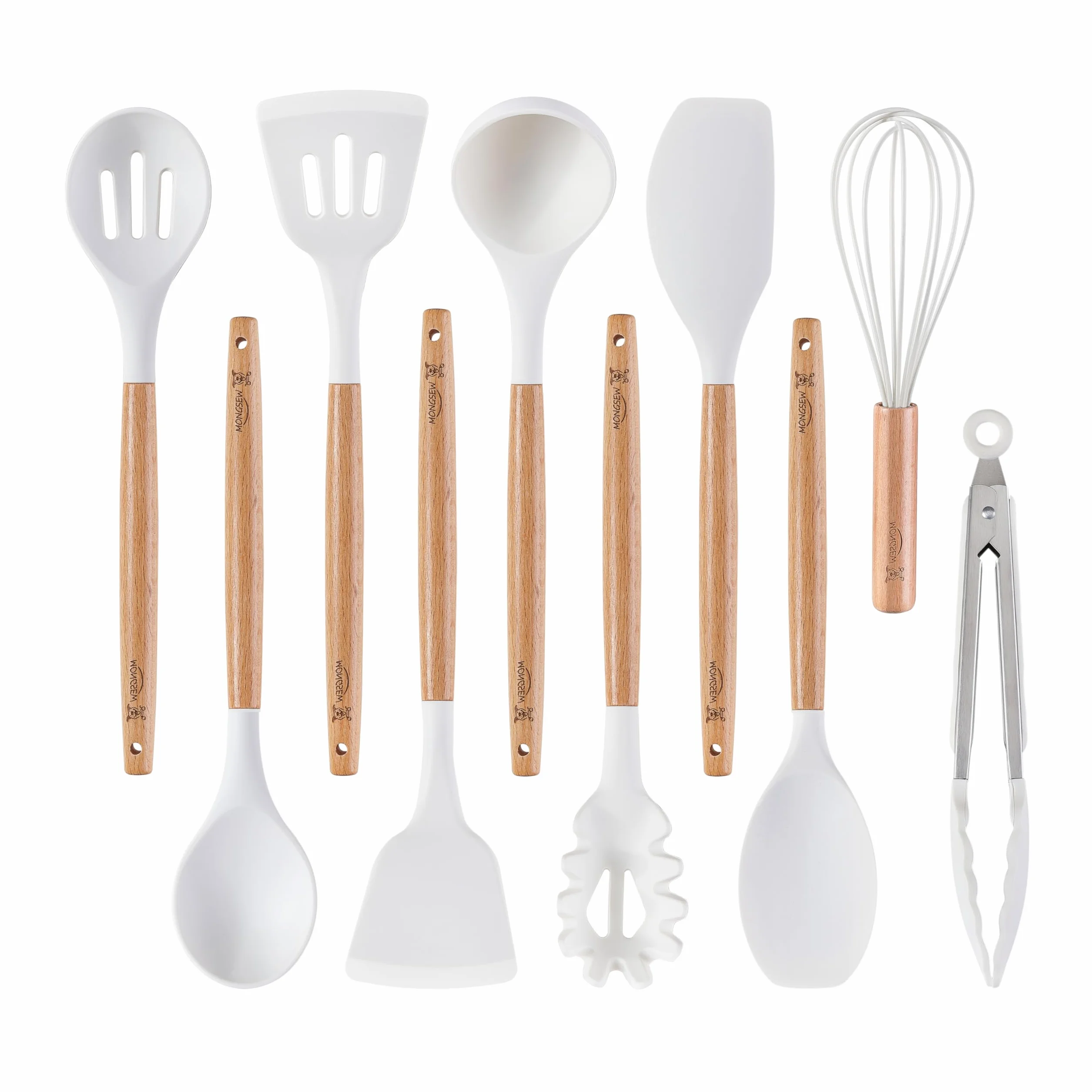 MONGSEW - Juego de utensilios de cocina de silicona, resistentes al calor, con mango de madera, espátula, cuchara, pinzas, batidor (blanco, patrón de perro sonriente)