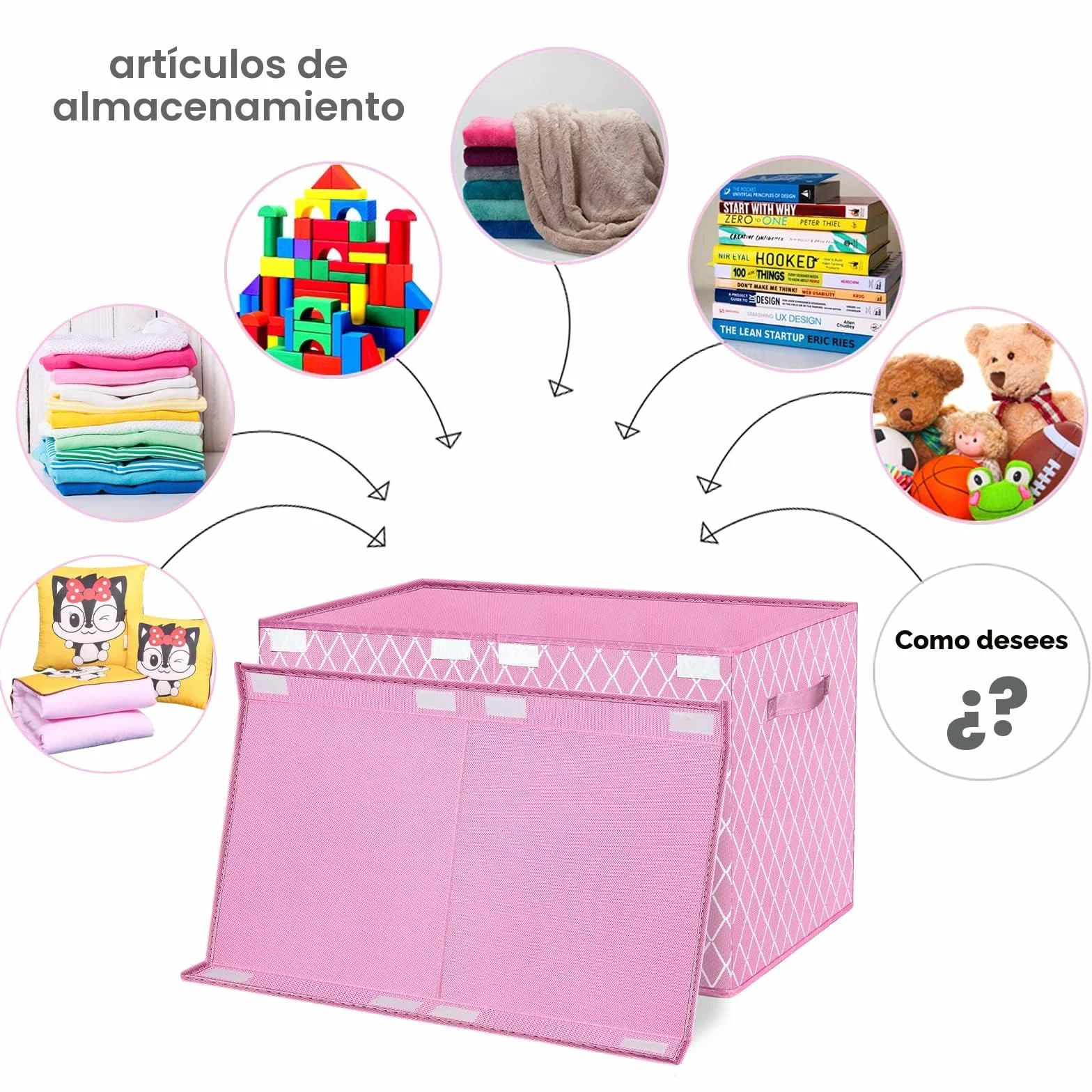 Cajas de Almacenaje con Tapa 83L Organizadoras de Tela Plegable para Juguetes Ropa Libros Rosa