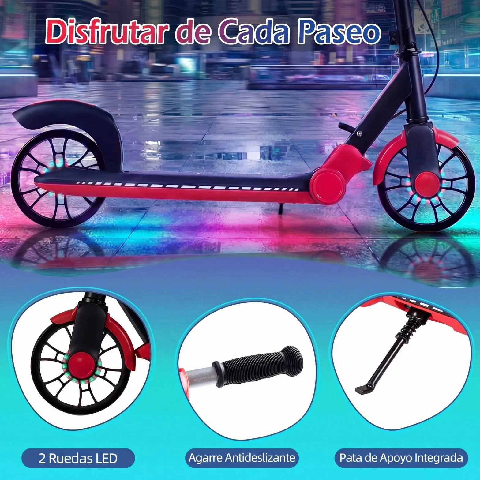 COSTWAY Patinete Plegable con LED Luminosas, Scooter Urbano de Altura Ajustable para Adolescentes y Adultos, Carga 100kg