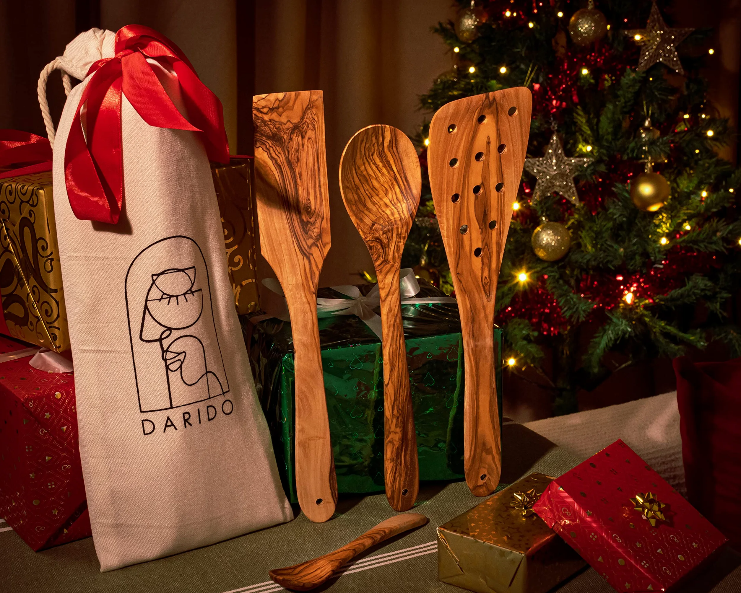 Set de 3 cucharas de cocina de madera de olivo Darido con cuchara extra pequeña - 30 cm - hecho a mano - resistente al calor - Utensilios - cuchara, espátula, espátula ranurada y cuchara pequeña