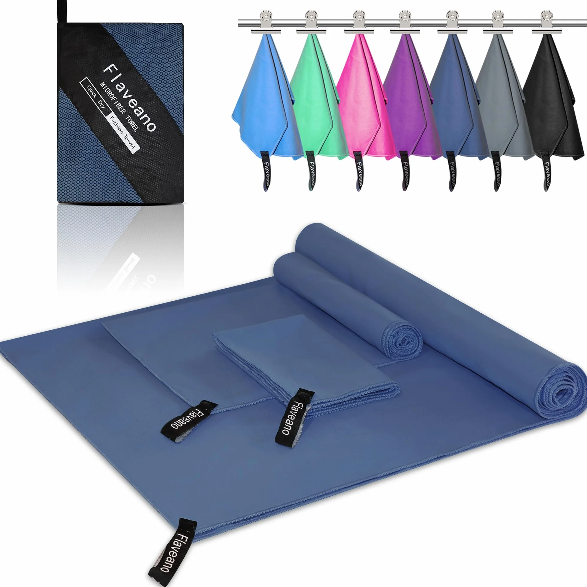 Toalla Microfibra Juego de 3 180x90cm Secado Rápido Viajes Camping Piscina Playa Deportes Azul Marino