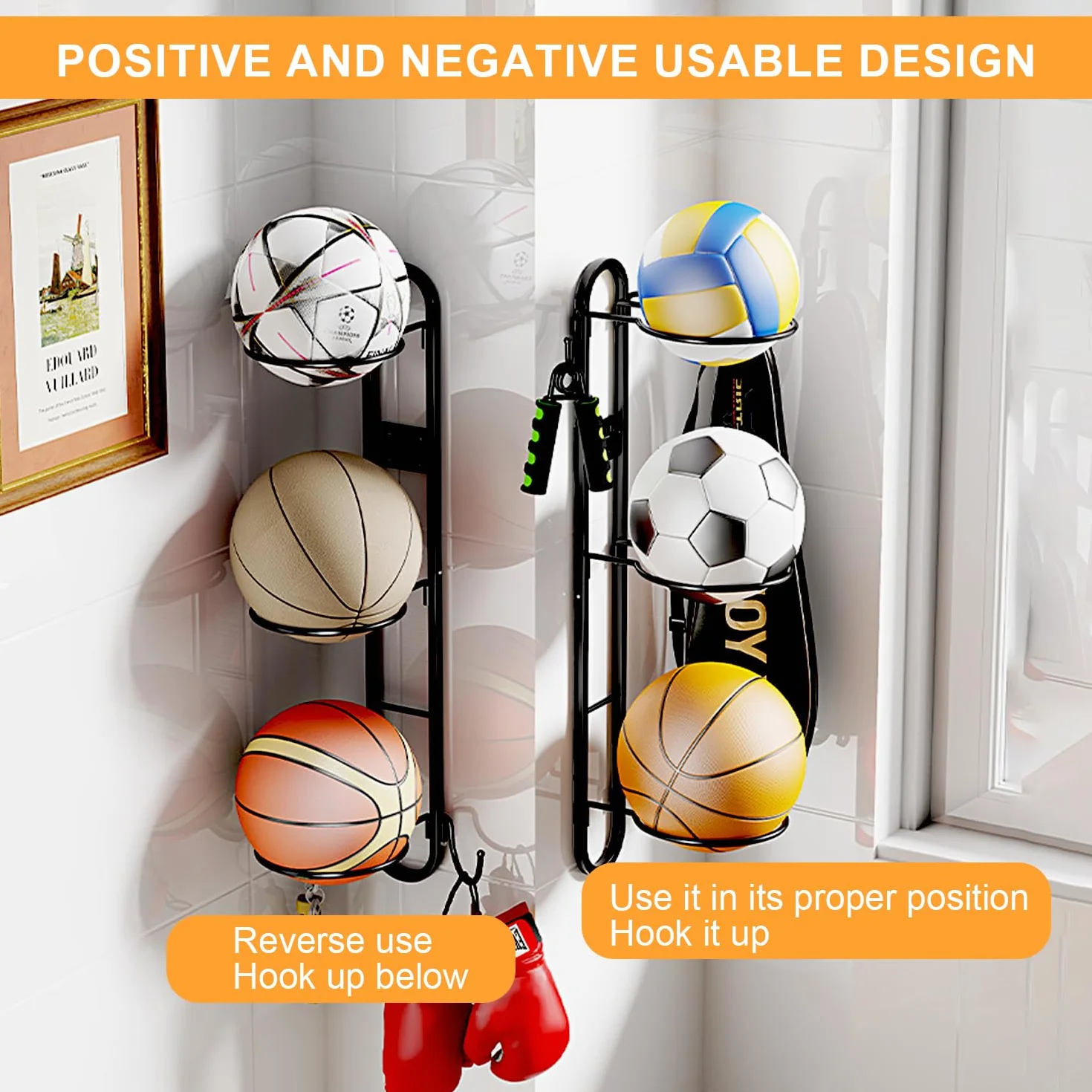 Soporte Balón Fútbol Colgante de Pared 3 Pisos, Extraíble para 3 Balones, Metal, Ahorra Espacio