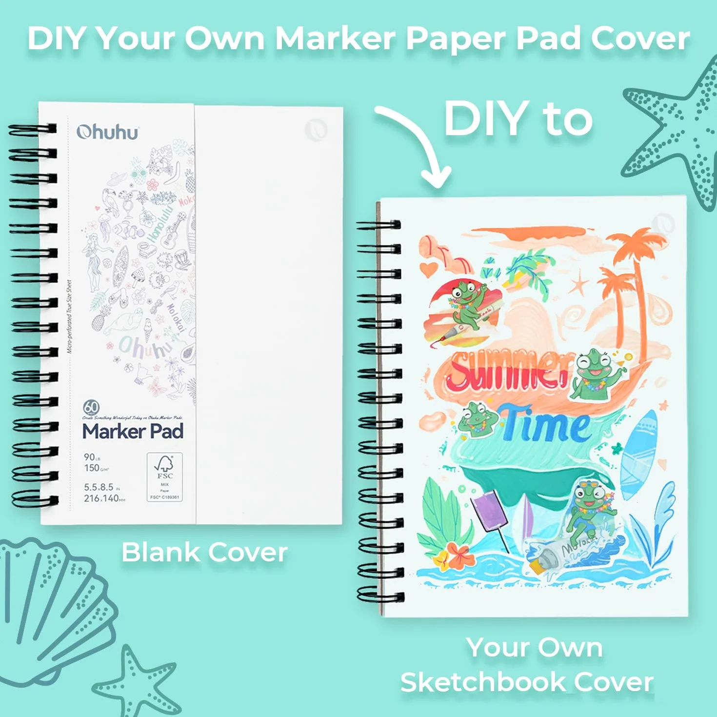 Ohuhu A5 Cuaderno de Dibujo Doble Cara Sin Traspaso - 60 Hojas/120 Páginas, Sketchbook Profesional 150g/m² para Marcadores de Alcohol, Encuadernación en Espiral