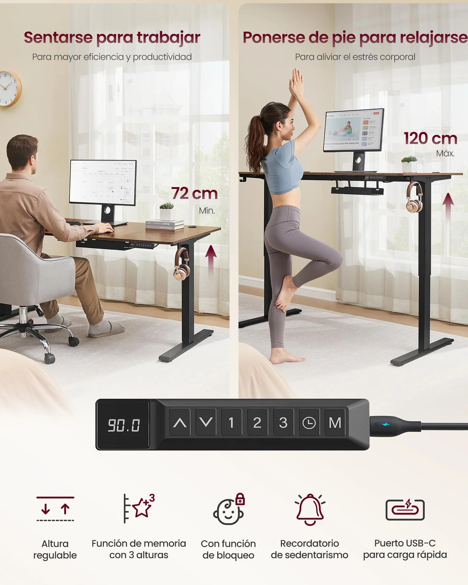 VASAGLE Escritorio Ajustable en Altura, 140 x 80 cm, Puerto USB-C, Estante para Regleta Eléctrica, Recordatorio de Sedentarismo, 3 Botones de Memoria, para Oficina, Marrón Rústico LSD144KD02