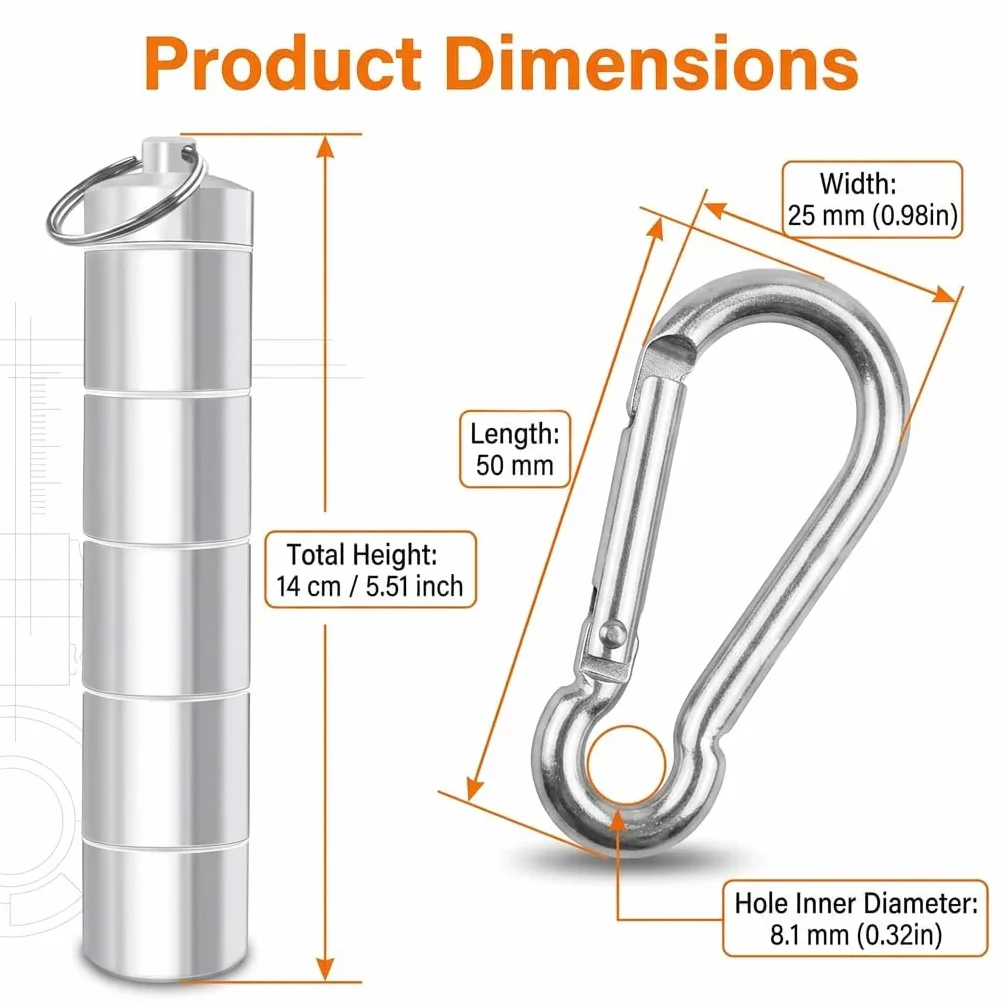 Juego de 2 saleros 5 en 1 para camping, mini salero para viajes, de aluminio, rellenable, 135 x 25 mm, con 2 ganchos, ideal para exteriores, picnic, barbacoa, cocina y viajes