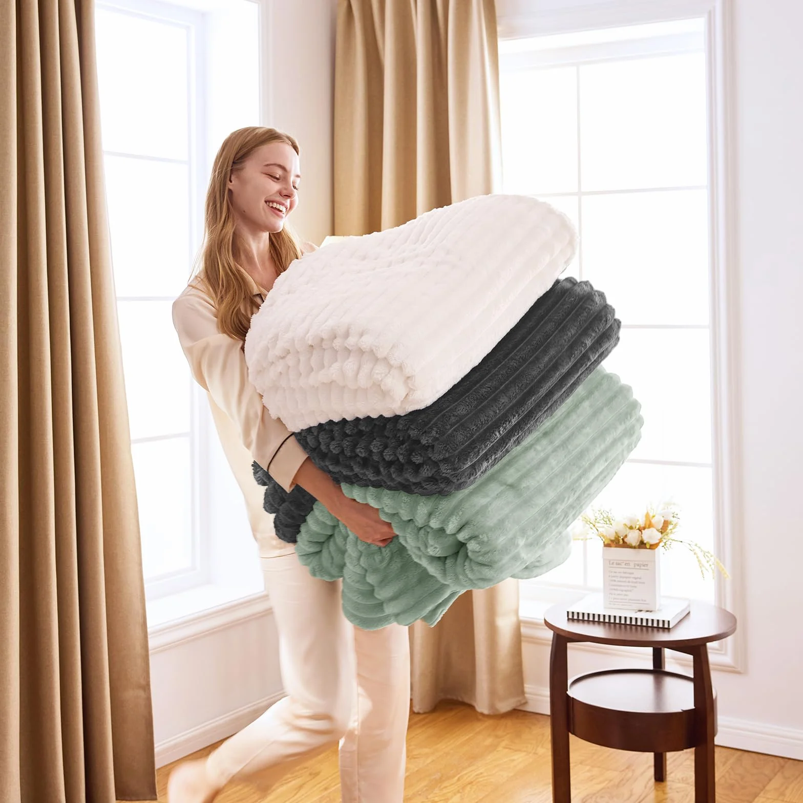 WAVVE Manta Sherpa Franela Reversible para Cama 135/150, Manta Polar con Cordón para Sofá, Grande 240 x 220 cm, Sobrecama Suave, Caliente, Transpirable para Invierno(Verde Claro)