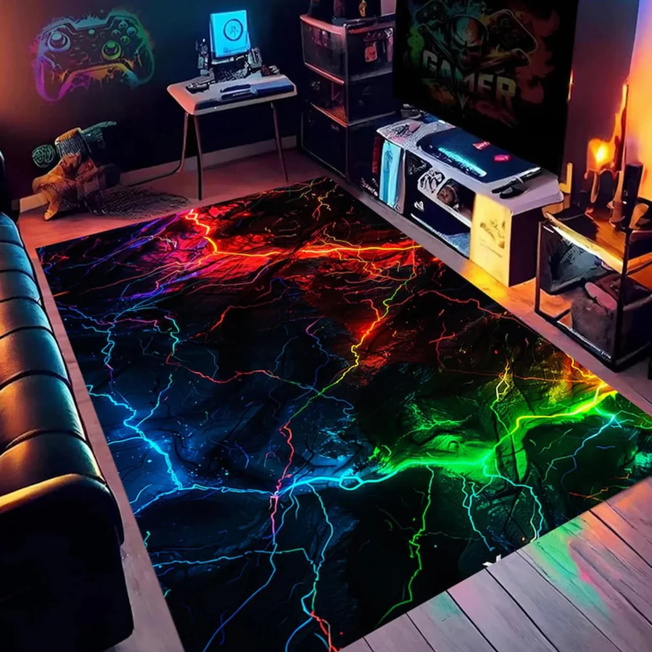 Alfombra Habitacion Juvenil Alfombra Gamer Gaming Room Grandes Carpet Neón Hip Hop Graffiti Patrones Geométricos Geniales Salón Dormitorio Antideslizante Franela Rug (Estilo 4,100x150 cm)