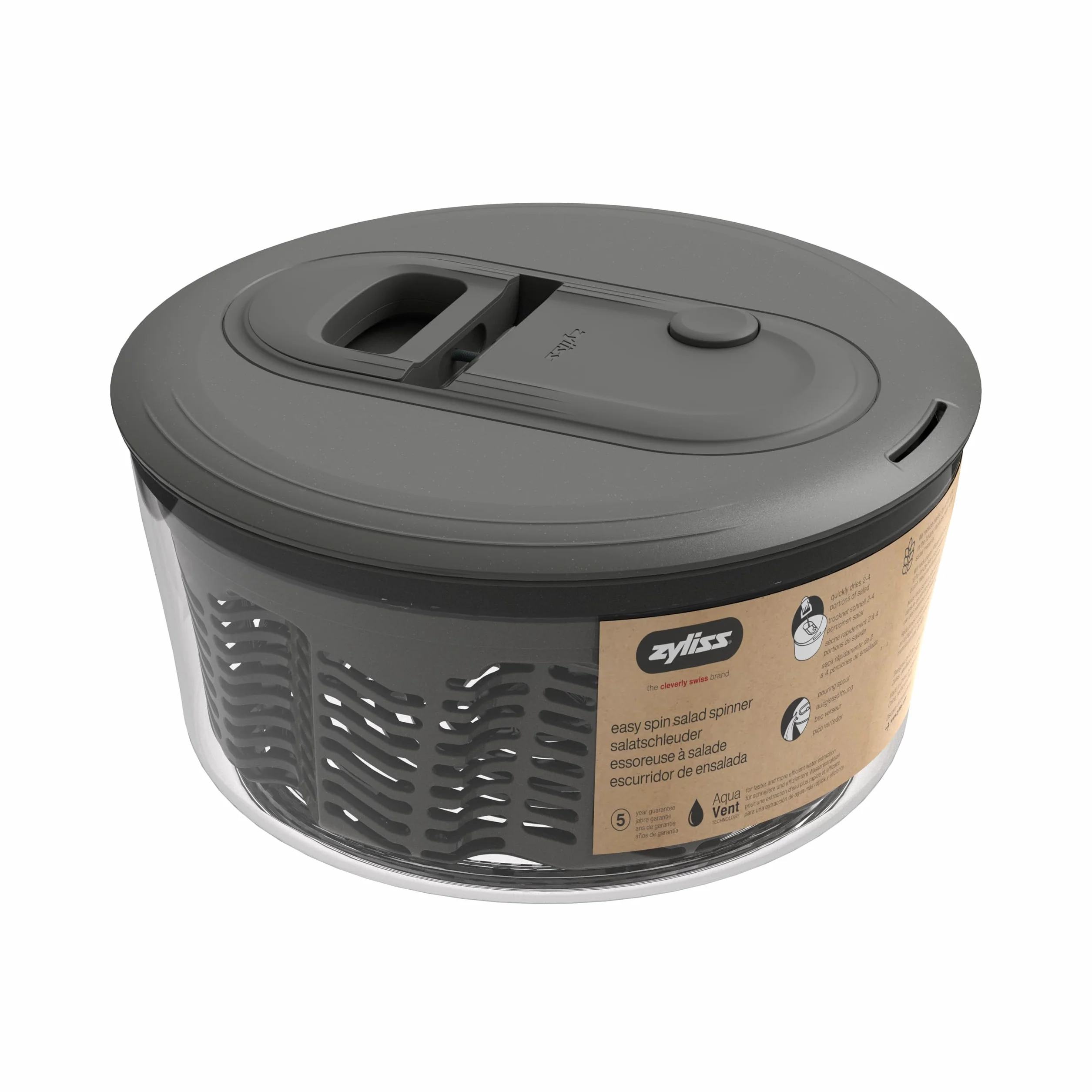Zyliss Easy Spin Clásico Centrifugadora Lechuga Pequeña 3,5 L, Tecnología AquaVent™, Cuerda y Botón de Parada, Salida de Drenaje, Antideslizante, Sin BPA, Escurridor de Lechuga, Ensalada, Gris