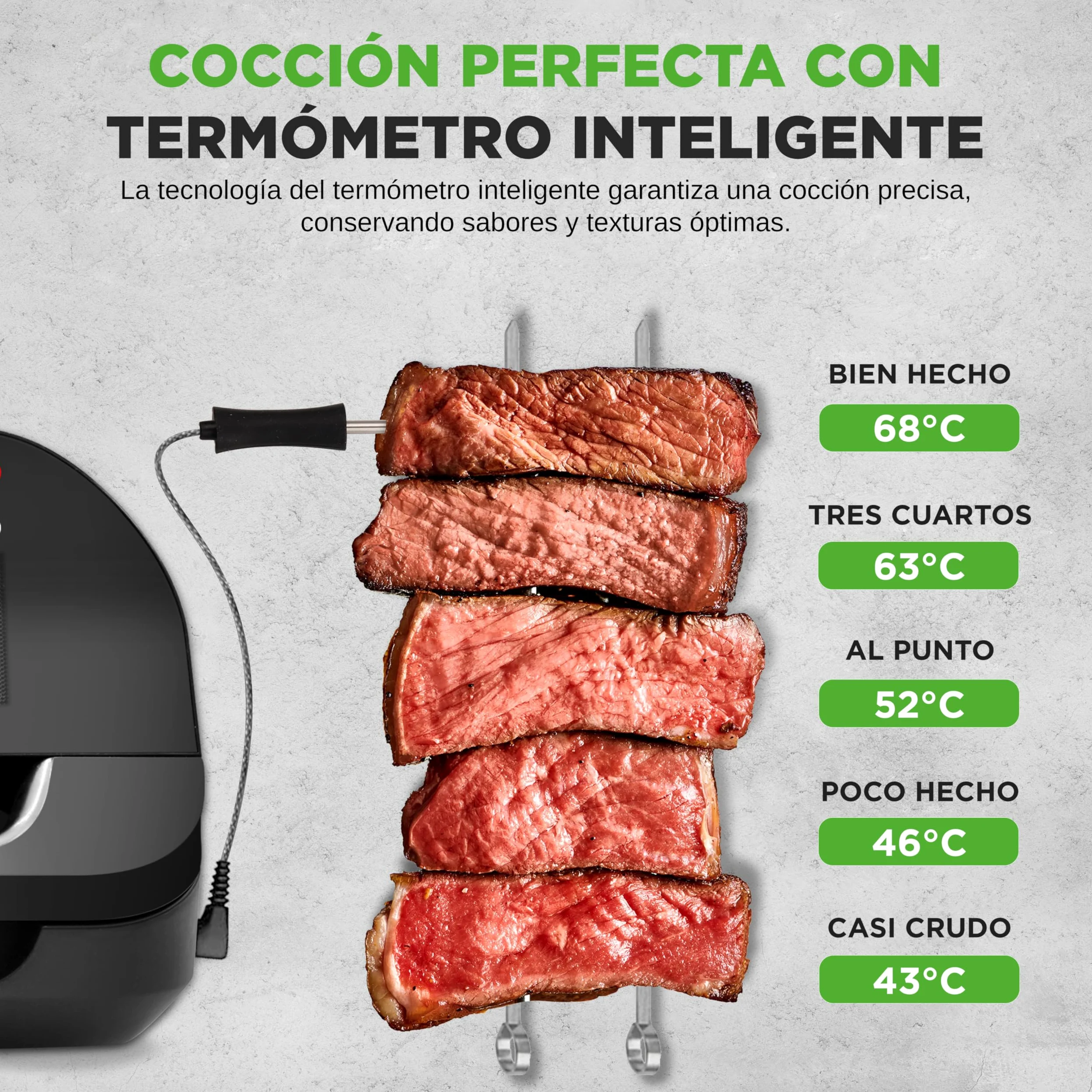 NutriChef Parrilla Electrica de Interior y Freidora de Aire 7 en 1 sin Humo, 6L, Termometro Integrado, Control de Temperatura, Placas Antiadherentes Desmontables