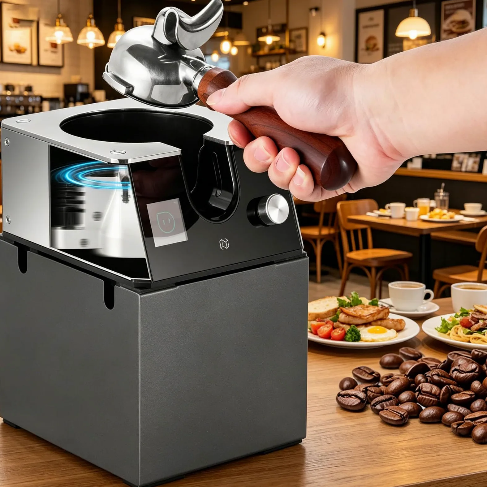 Limpiador automático de portafiltros con cabezales de cepillo intercambiables, compatible con portafiltros de espresso estándar para uso de baristas. Flujo de trabajo de espresso más rápido 220V
