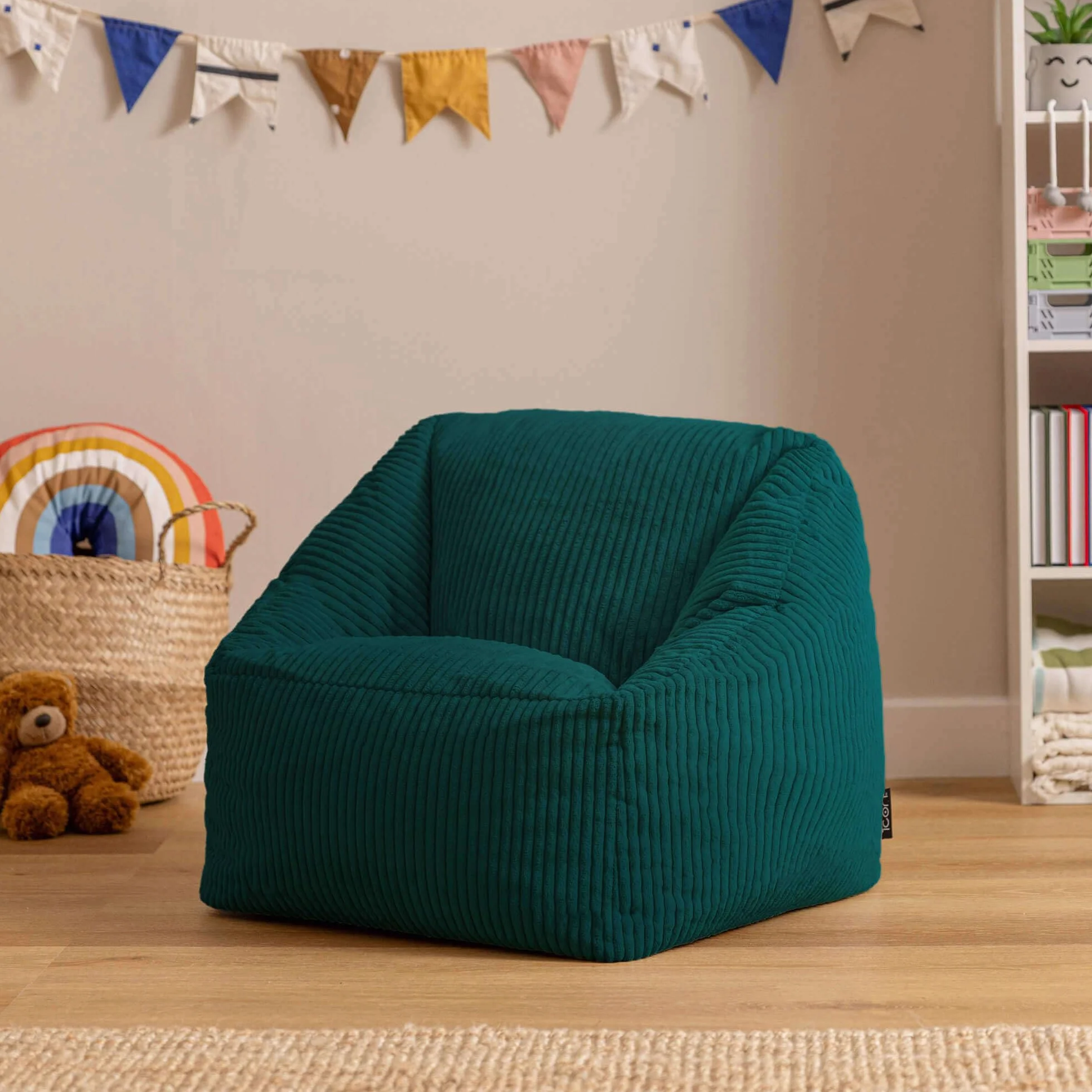 Icon Morgan Puff Infantil, Suaves y Cómodos Tela de Pana, Puff con Relleno Includio, Sillas Infantiles, Sillon Niños Infantil para Decoracion Habitacion Niña o Niño, Verde Azulado