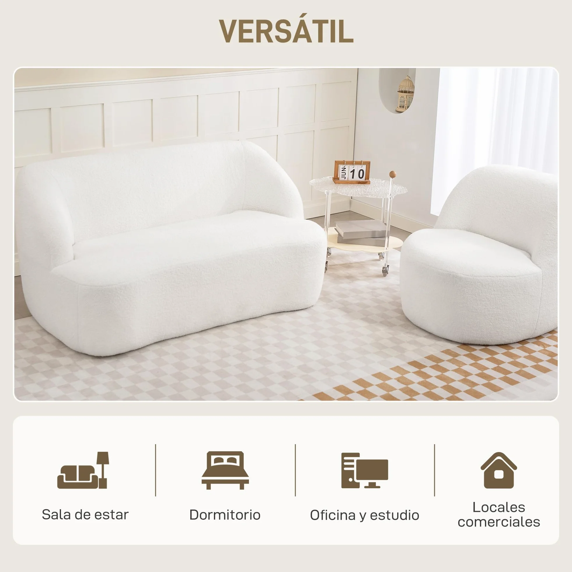 HOMCOM Sofá de 2 Plazas Tapizado en Borreguito Sofá de Salón de 142 cm con Diseño Curvo Acolchado Grueso No Requiere Montaje para Dormitorio Sala de Estar Oficina Crema