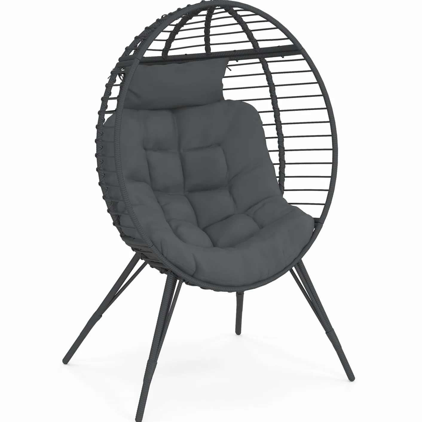 IDMarket - Sillón Huevo sobre pie calado gris en imitación de ratán con cojín gris