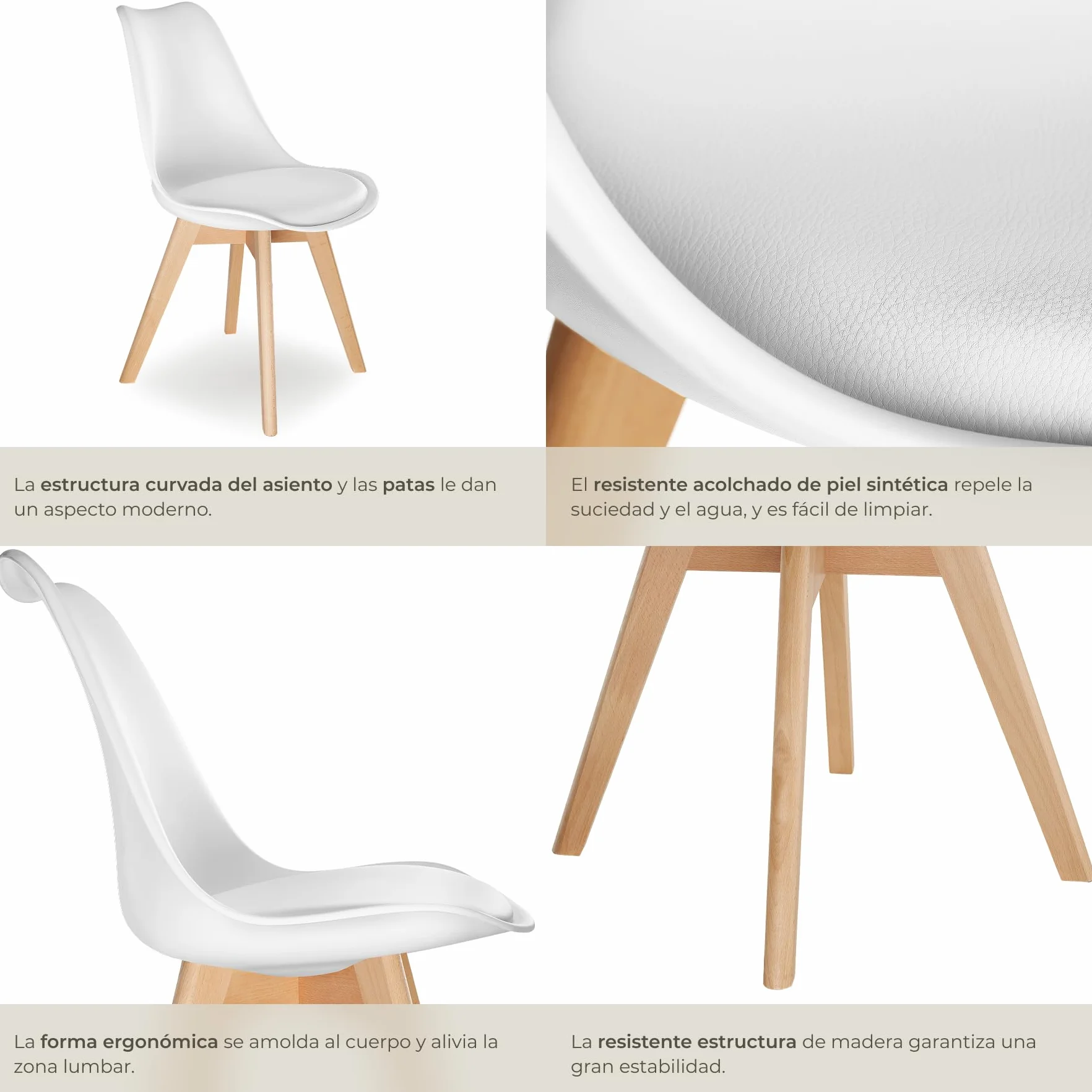 tectake® Sillas de Comedor, Muebles Comedor con Diseño Nórdico, Conjunto Sillas Cocina, Asiento Acolchado Silla Ergonómica, Mueble Cocina Moderno - Set de 2 Blanco