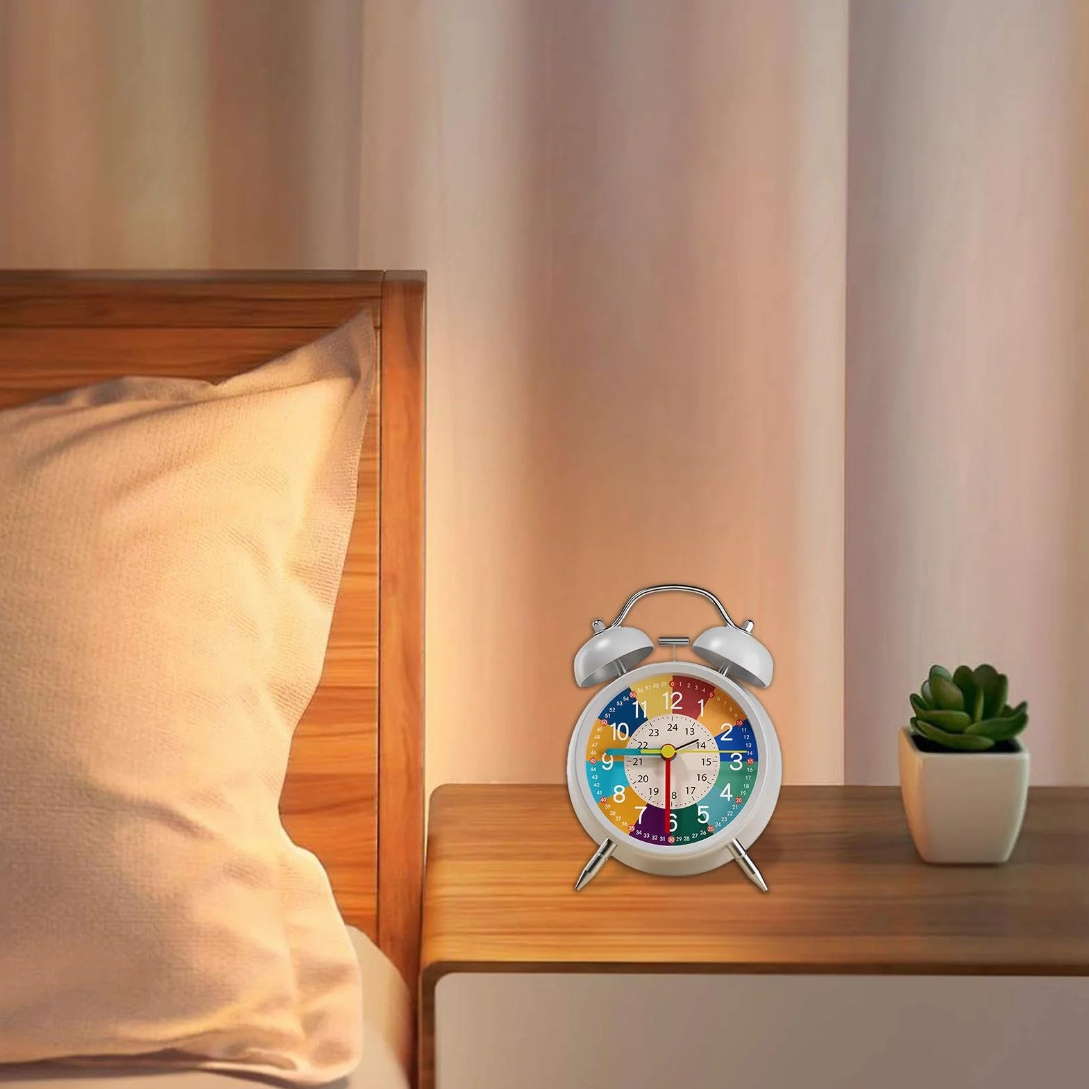 Analogue Alarm Clock Non Ticking Interactive Learning Clock For Kids 11.5x16cm Brightly Colored With Night Light