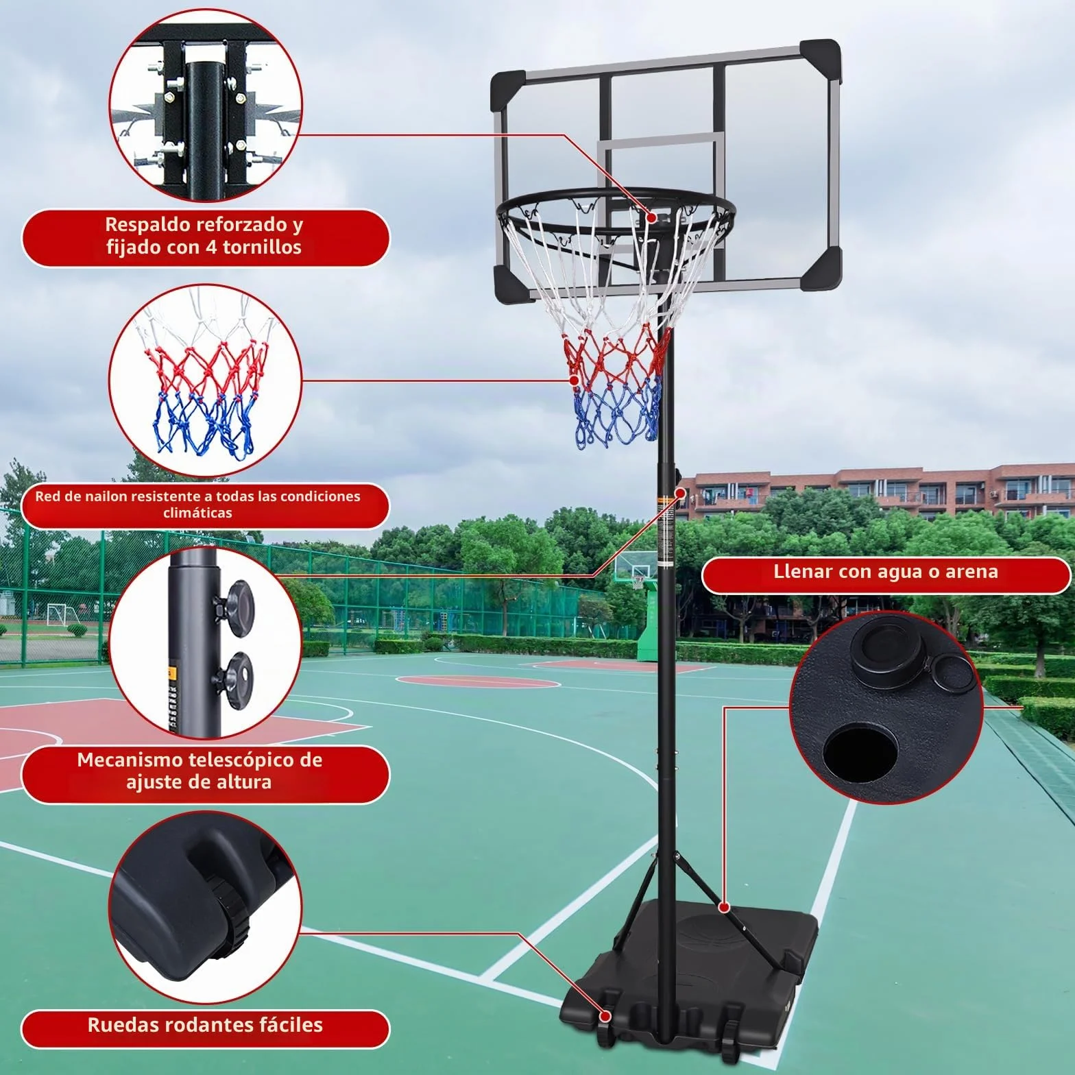 Aro de baloncesto portátil ajustable 7 pies tablero transparente 165-213 cm