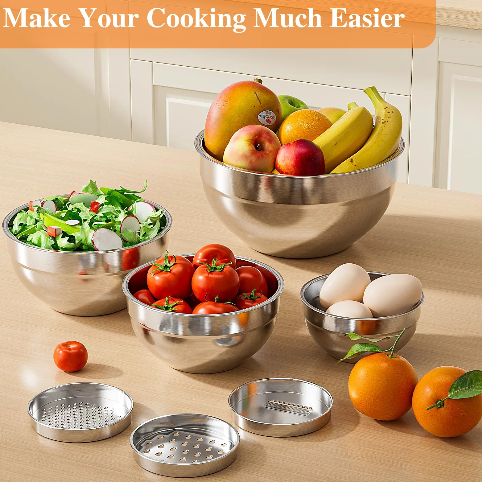 Juego de 6 cuencos para mezclar con tapas, cuencos de acero inoxidable con 3 accesorios de rallador, organizadores de almacenamiento de alimentos de cocina, tazón de mezcla anidado, tamaño