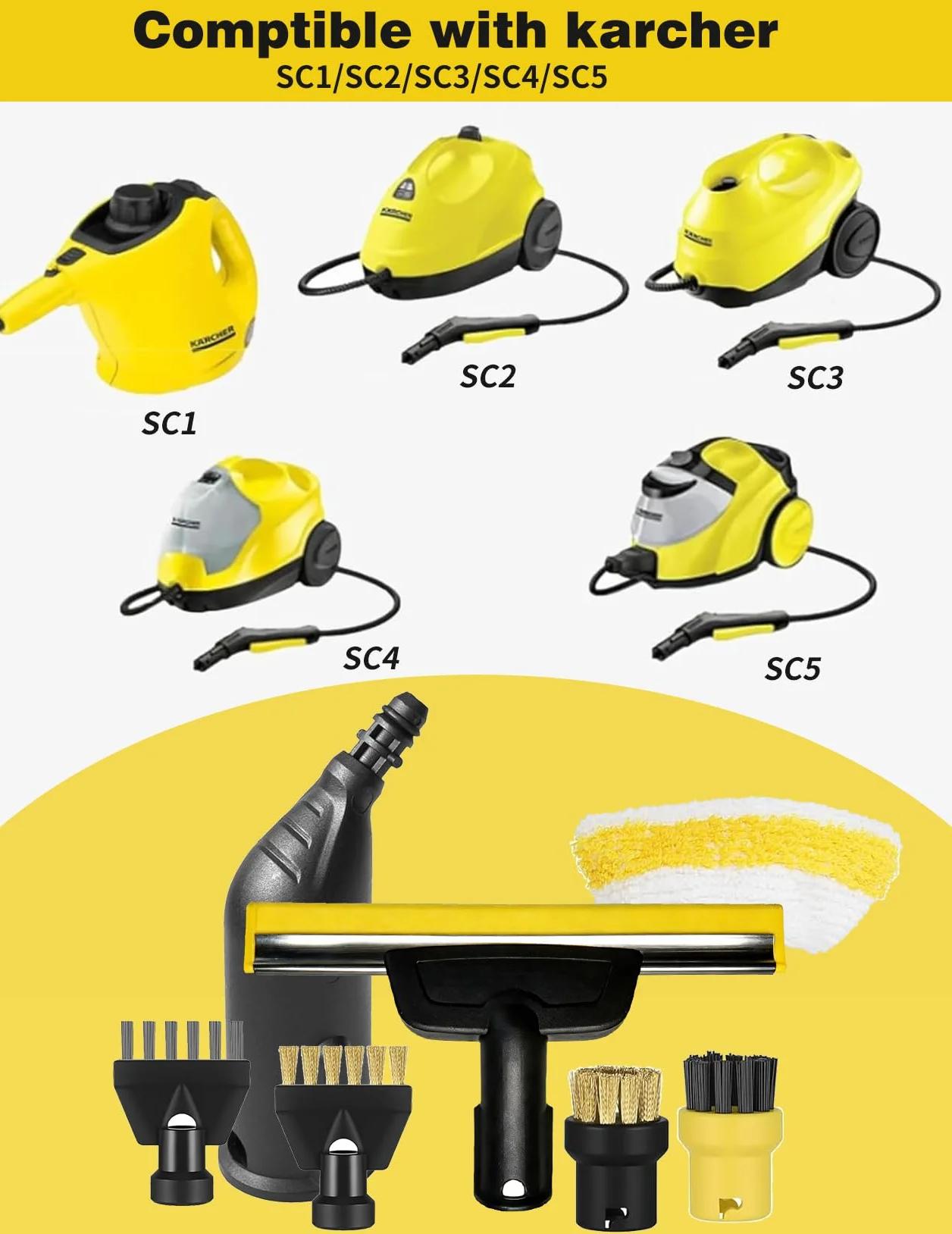 Kit de 9 piezas accesorios compatibles con limpiador de vapor Kärcher SC1 SC2 SC3 SC4 SC5, cepillo redondo, cepillo plano, boquilla curvada, cepillo de vapor manual, funda de paño de limpieza