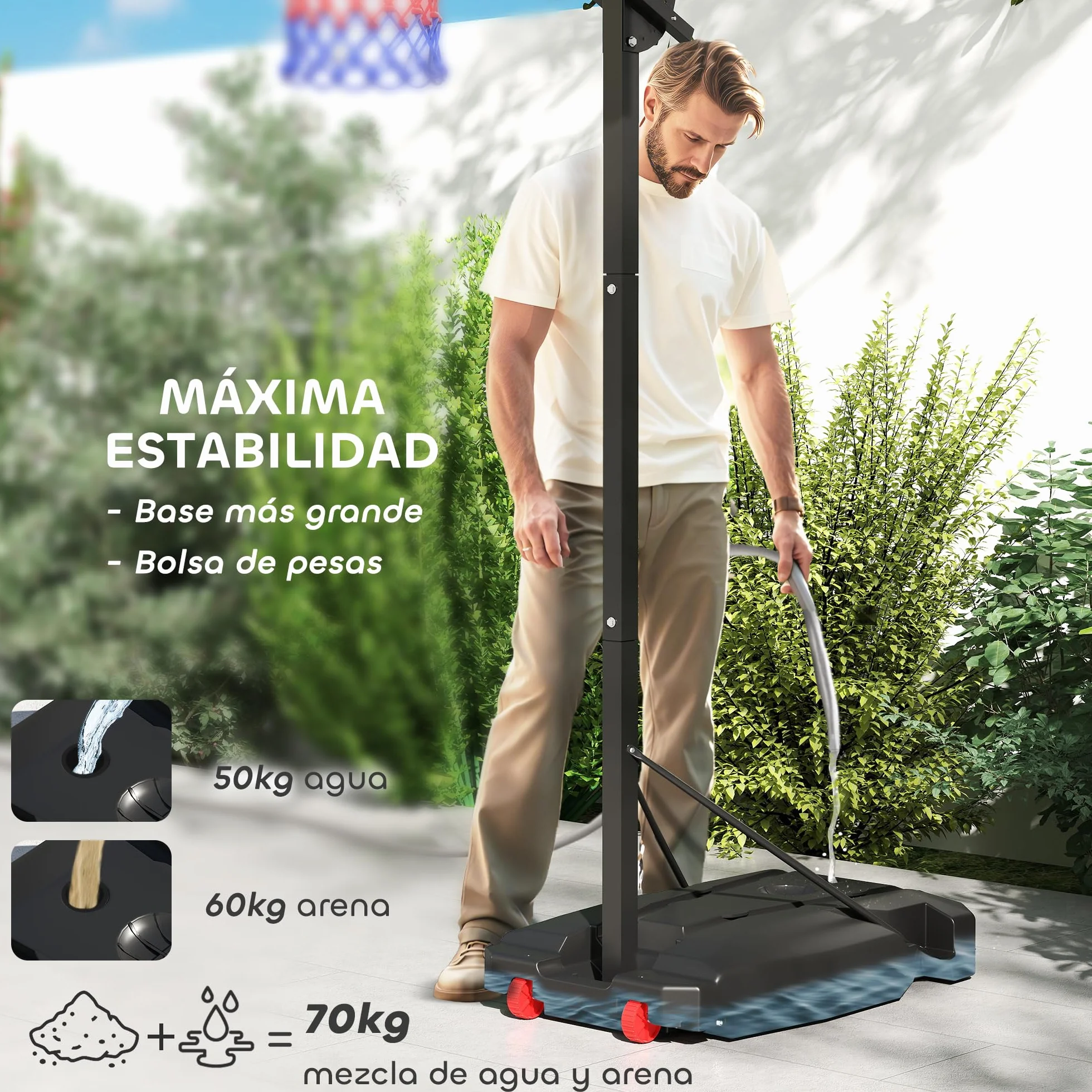 AIYAPLAY Canasta de Baloncesto Portátil Altura Regulable 200-260 cm Base Rellenable con Ruedas Rojo y Negro