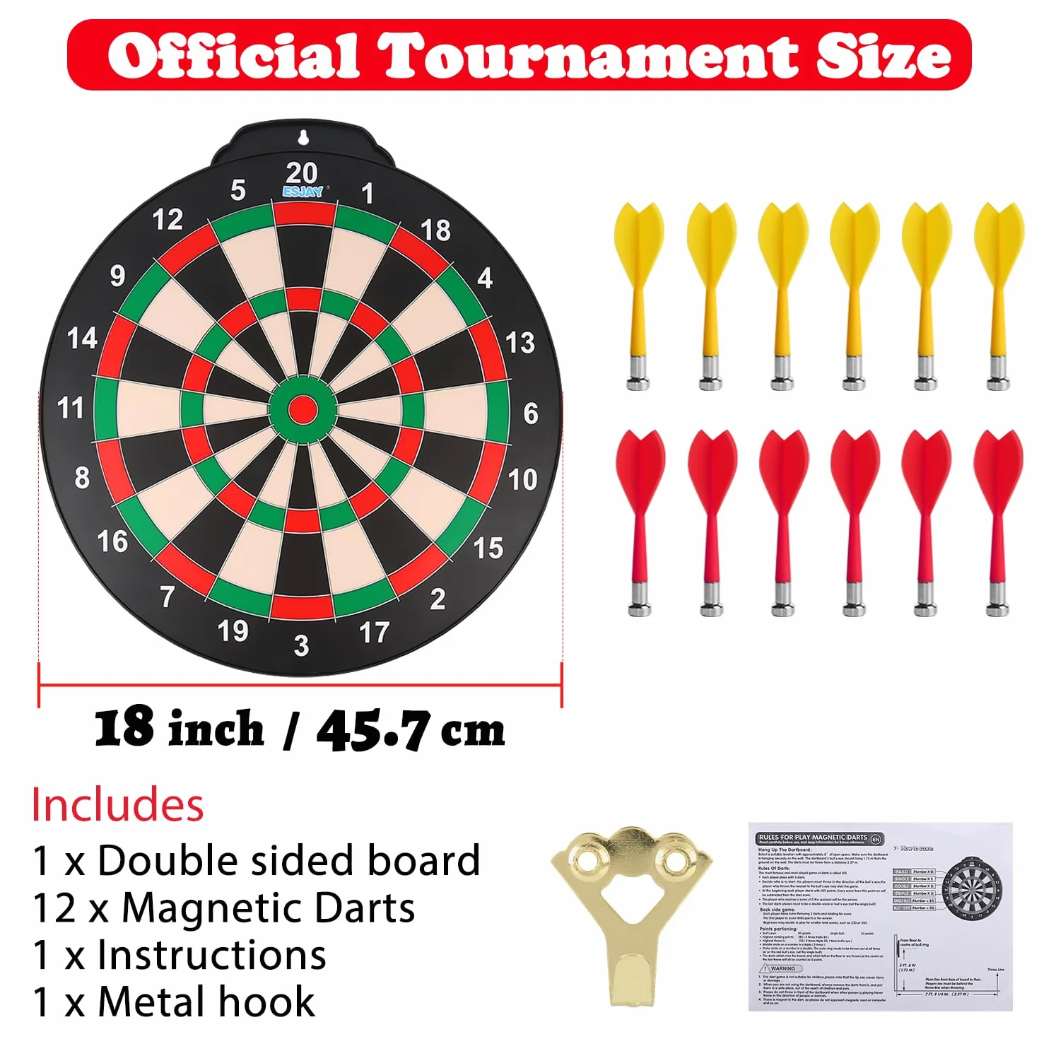 Juego de Dardos Magnéticos Esjay para Niños 8+ años, 12 Dardos, Diana Doble Cara 18 Pulgadas
