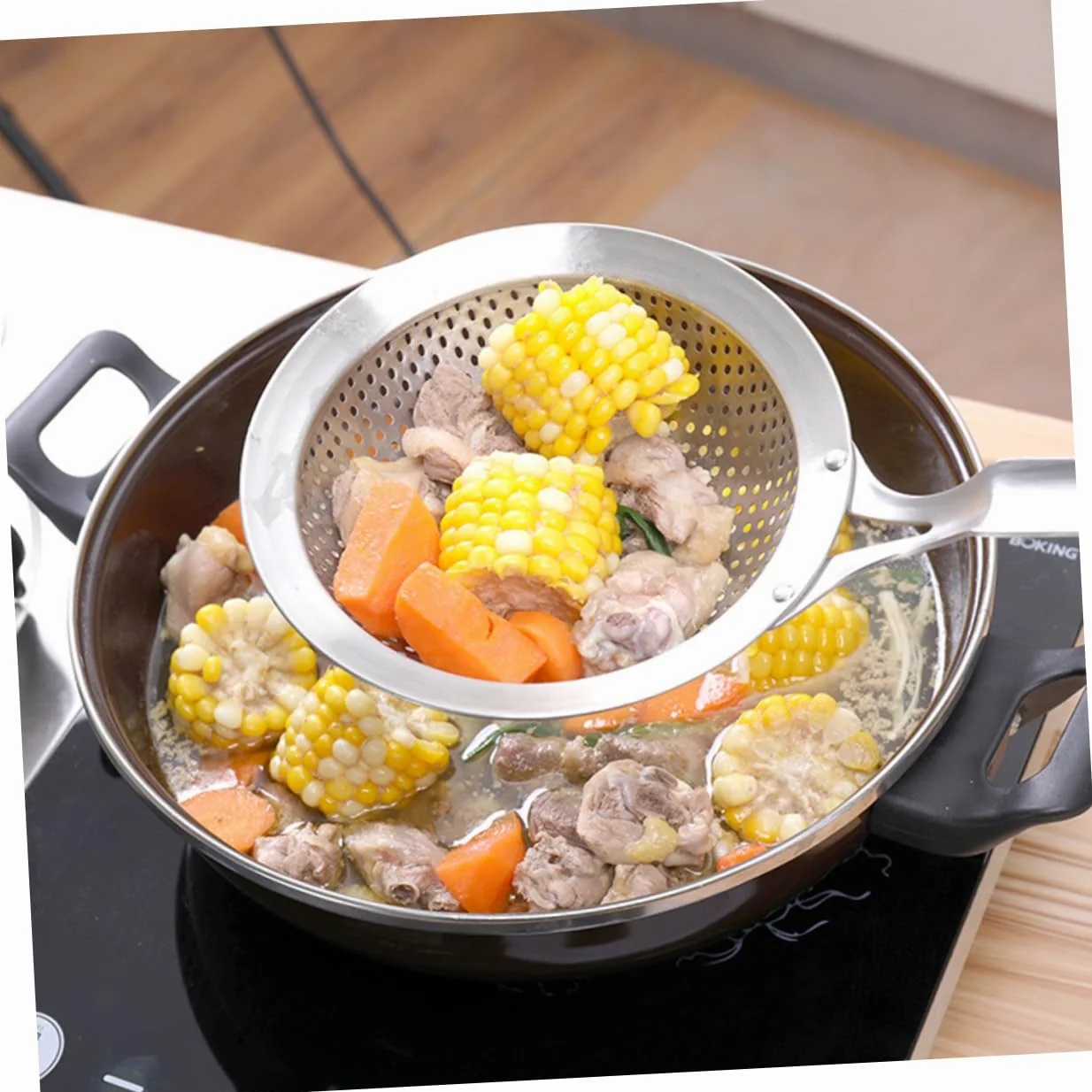 Juego de 2 coladores de cocina de acero inoxidable - Juego de colador de comida de cocina asiática y cesta para cocinar al vapor con colador de cuchara - Filtro de metal duradero para cocinar y freír