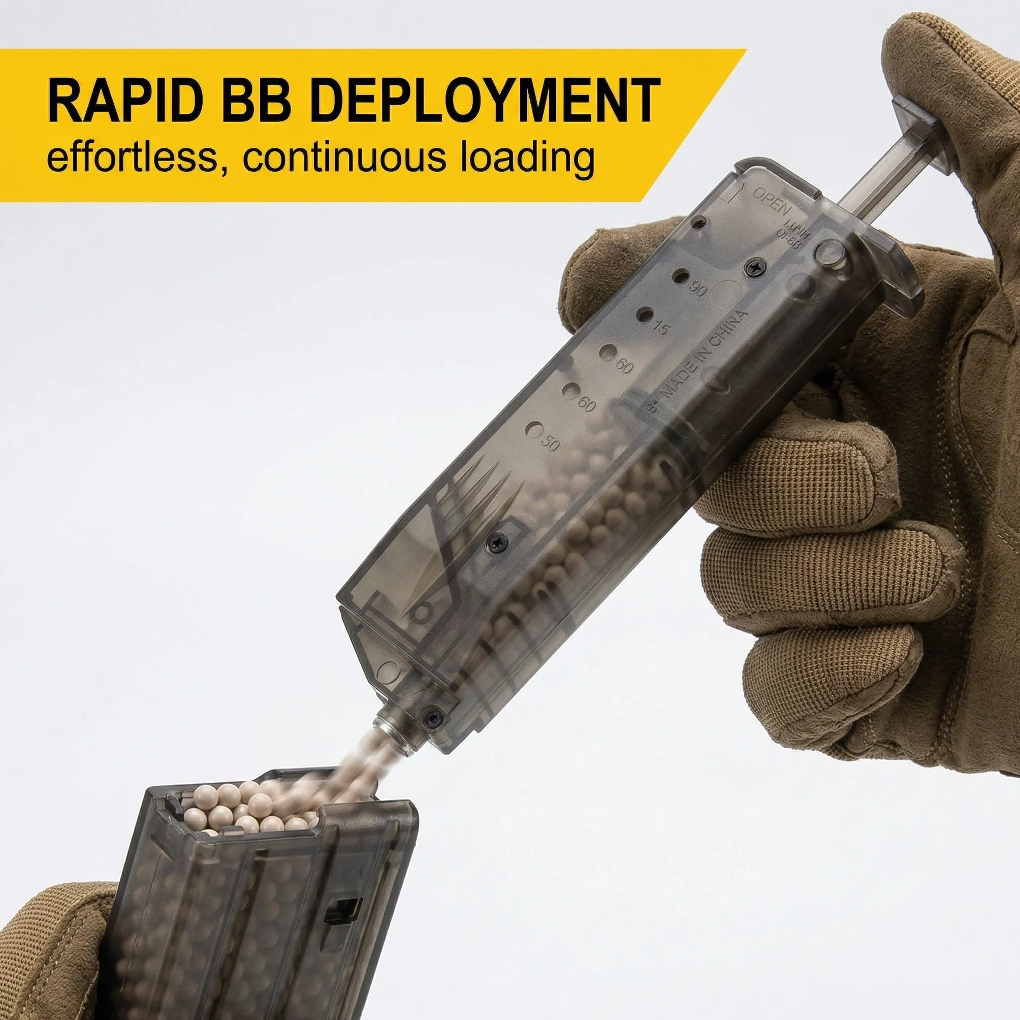 Cargador Rápido Airsoft para 100 BBs 6mm | Diseño robusto de plástico con adaptador de pistola. Recarga veloz y segura para cargadores de pistolas y fusiles Airsoft.
