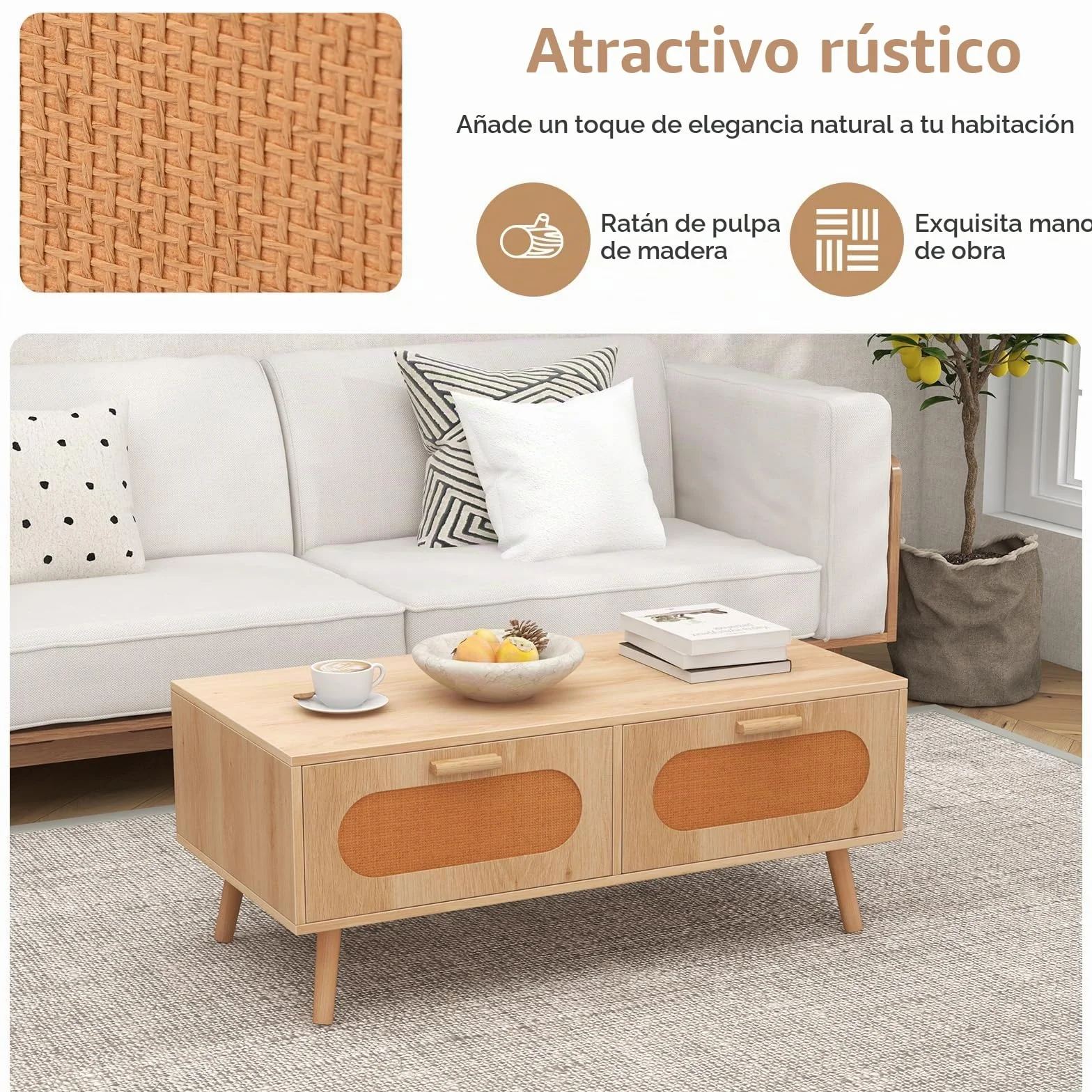 LIFEZEAL Mesa de Centro con 2 cajones y 1 Compartimento Grande, Mesa de salón con 4 Patas de Madera Maciza, Capacidad de Carga 60 KG, 100 x 50 x 41 CM, Natural, Estilo rústico