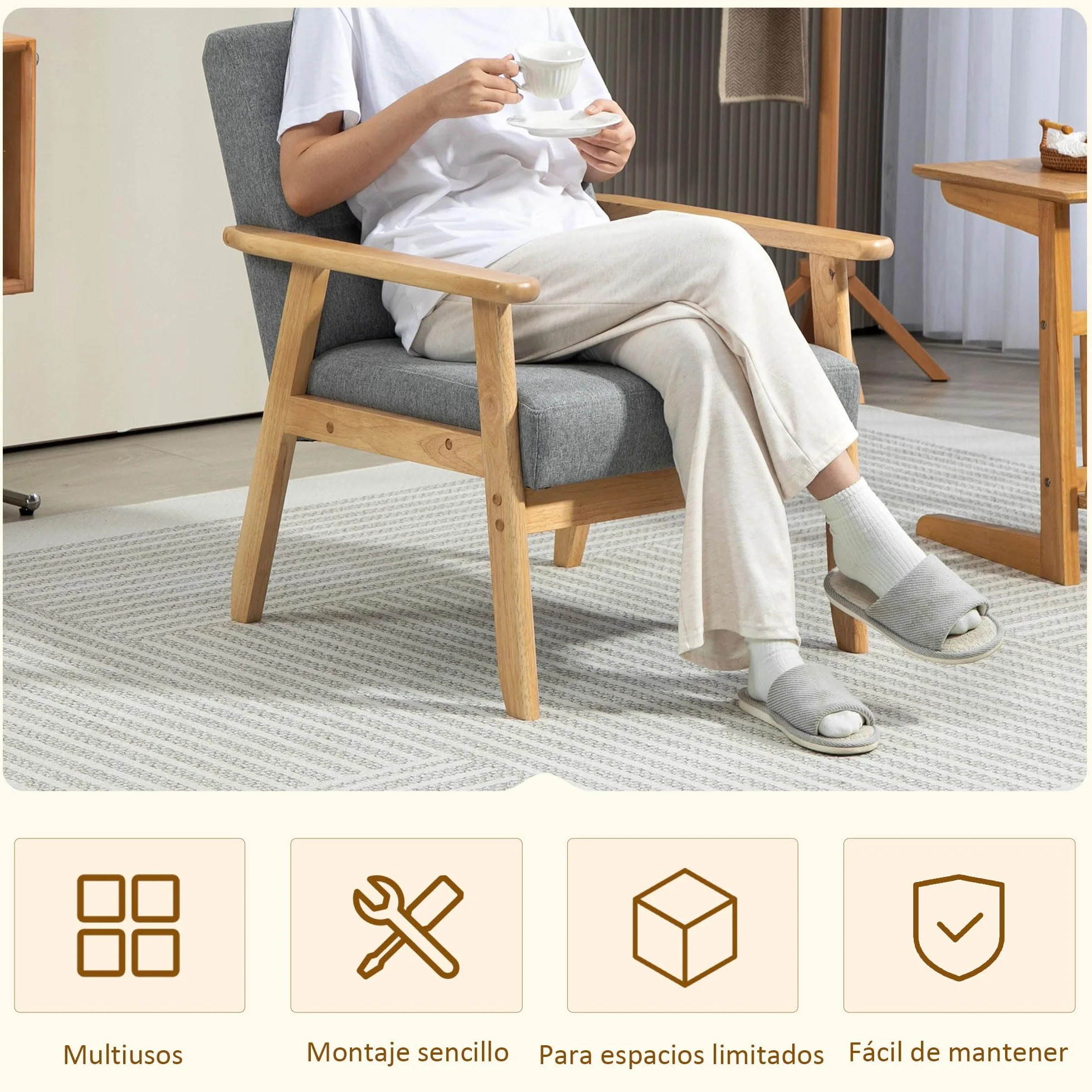 HOMCOM Sillón Individual Sofá Individual Tapizado en Lino con Reposabrazos de Madera Respaldo Acolchado Carga 130 kg Sillón para Salón Dormitorio Gris Claro