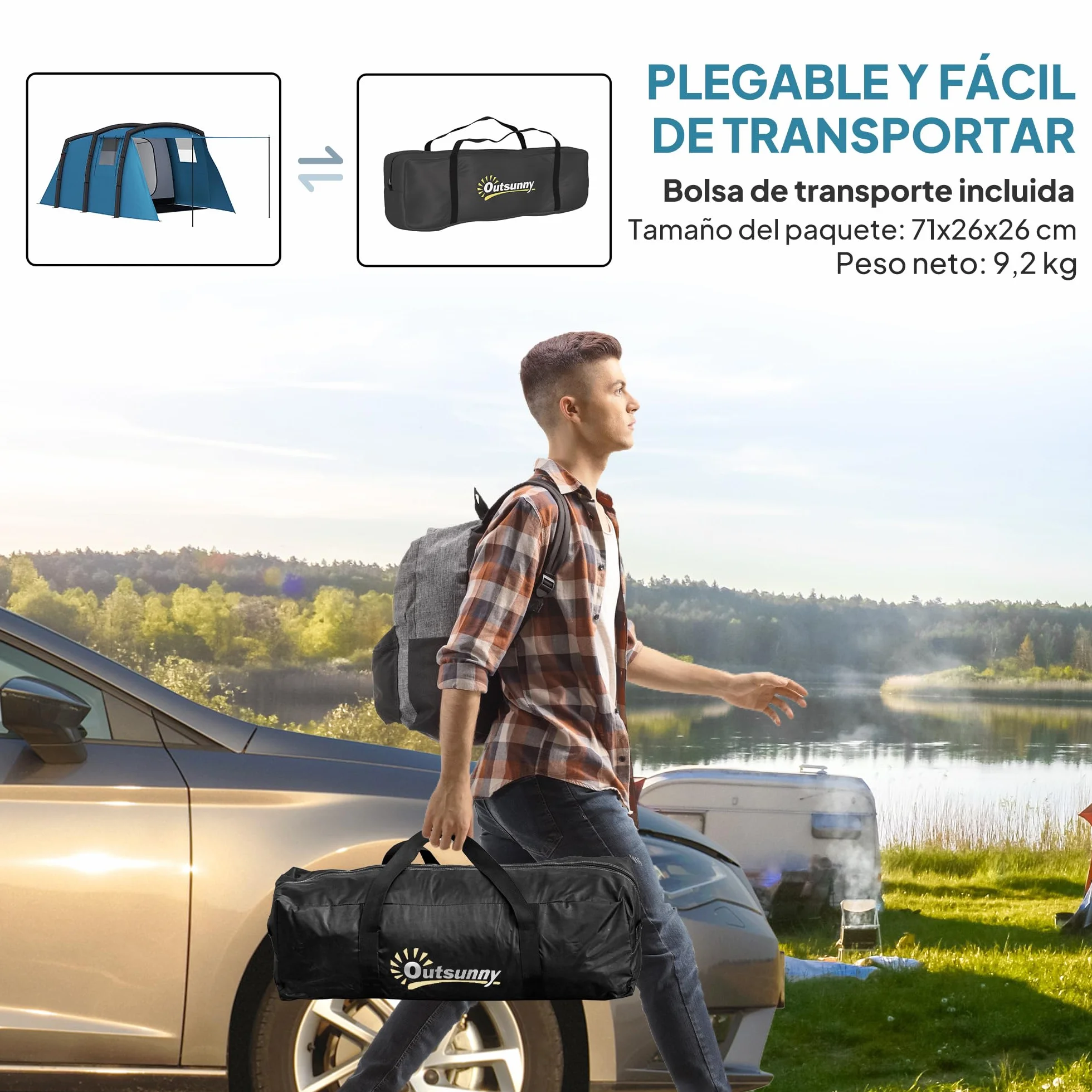Outsunny Tienda de Campaña Inflable Familiar Tipo Túnel 3-6 Personas Glamping con Vestíbulo Protección UV 50+ Impermeable