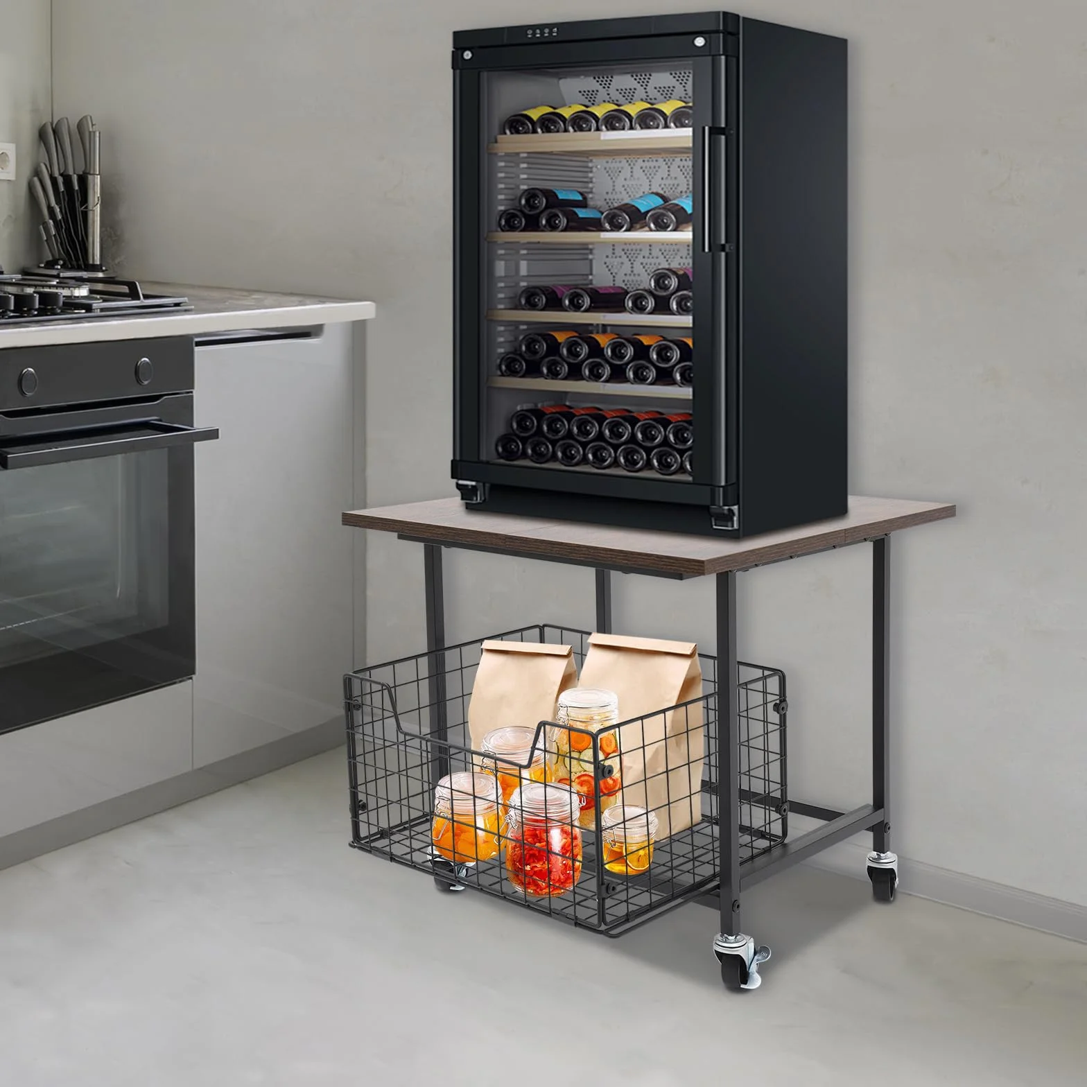 Mini soporte para nevera portátil resistente con ruedas y cesta de almacenamiento extensible, para hogar, oficina o dormitorio, hasta 150 kg (50 x 50 x 44,2 cm)