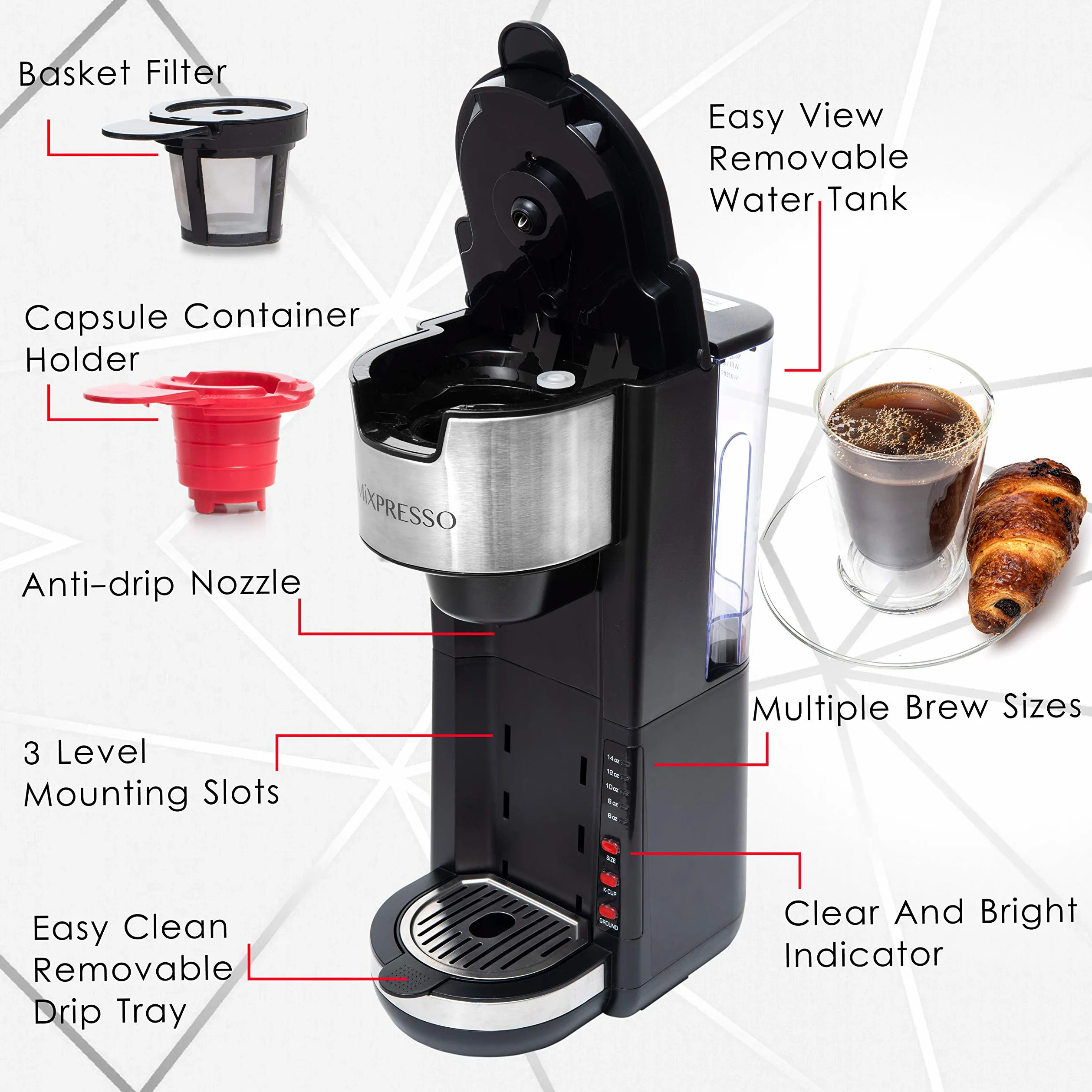 Mixpresso Cápsulas K-Cup para cafetera individual 2 en 1 compatibles con café molido, cafetera compacta con depósito desmontable de 30 onzas, 5 tamaños de infusión y bandeja de goteo ajustable (negro)
