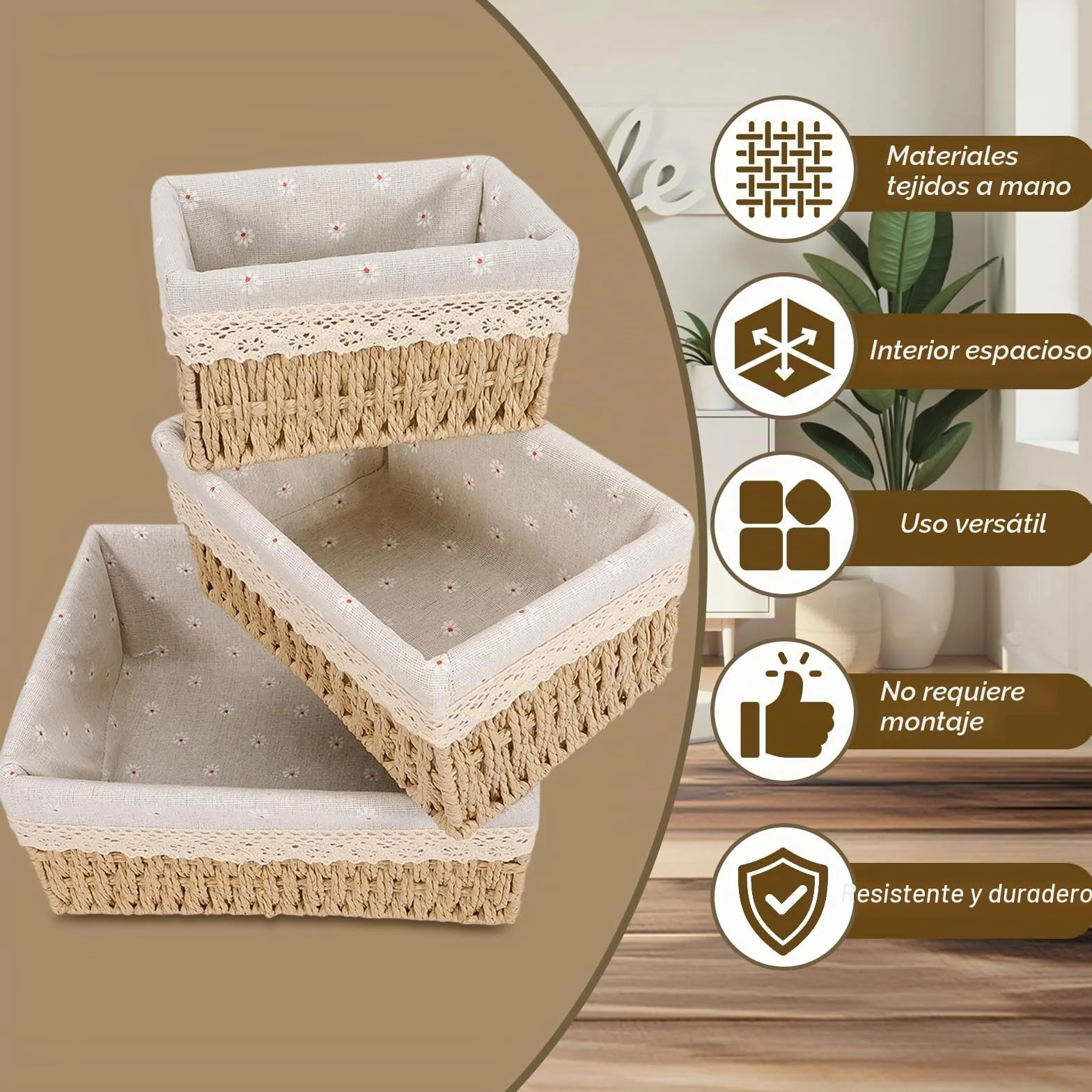 Cestas Tejidas de Almacenamiento con Forro Desmontable, Cesta de Juguetes y Baño, Beige L+M+S