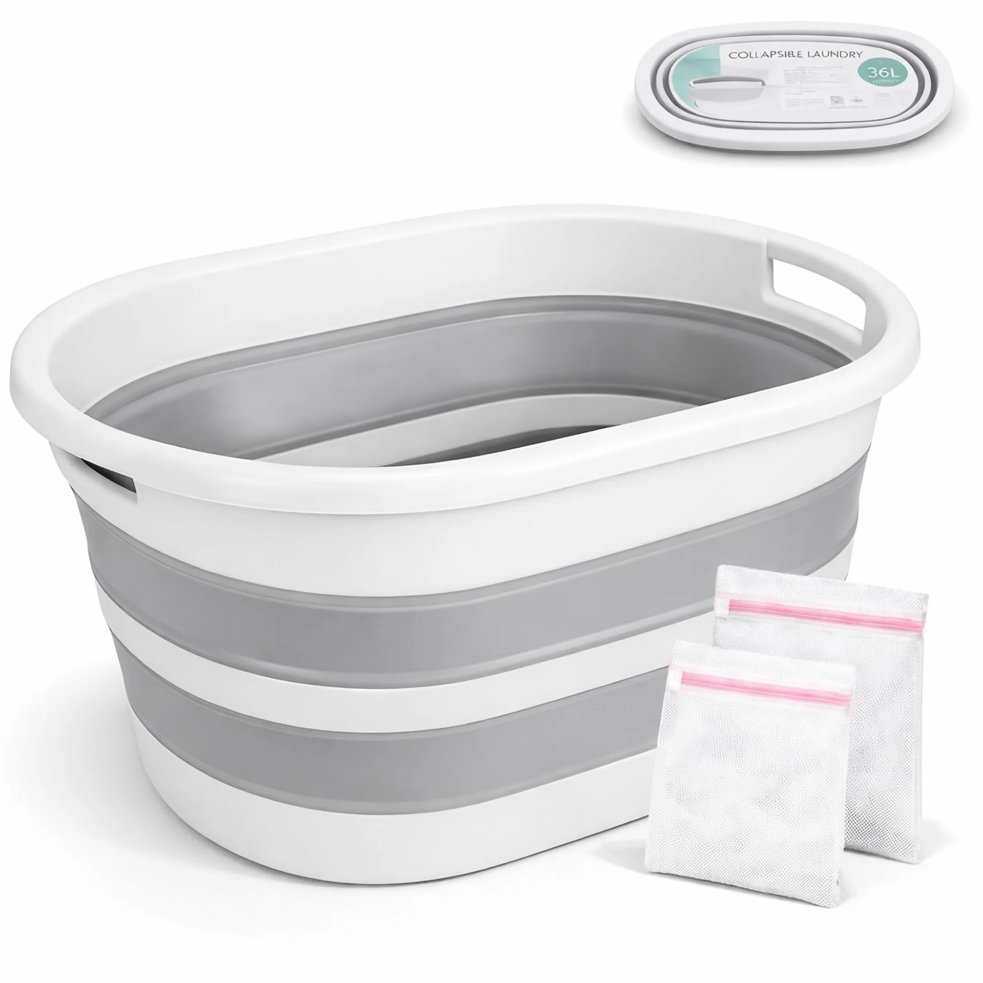ForenTex Cesta Ropa Sucia Plegable 36L con 2 Bolsas de Lavado, Barreño para Colada, Cesto de Lavandería de TPR+PP Resistente, Ahorra Espacio para Baño, Lavandería y Dormitorio, Gris y Blanco