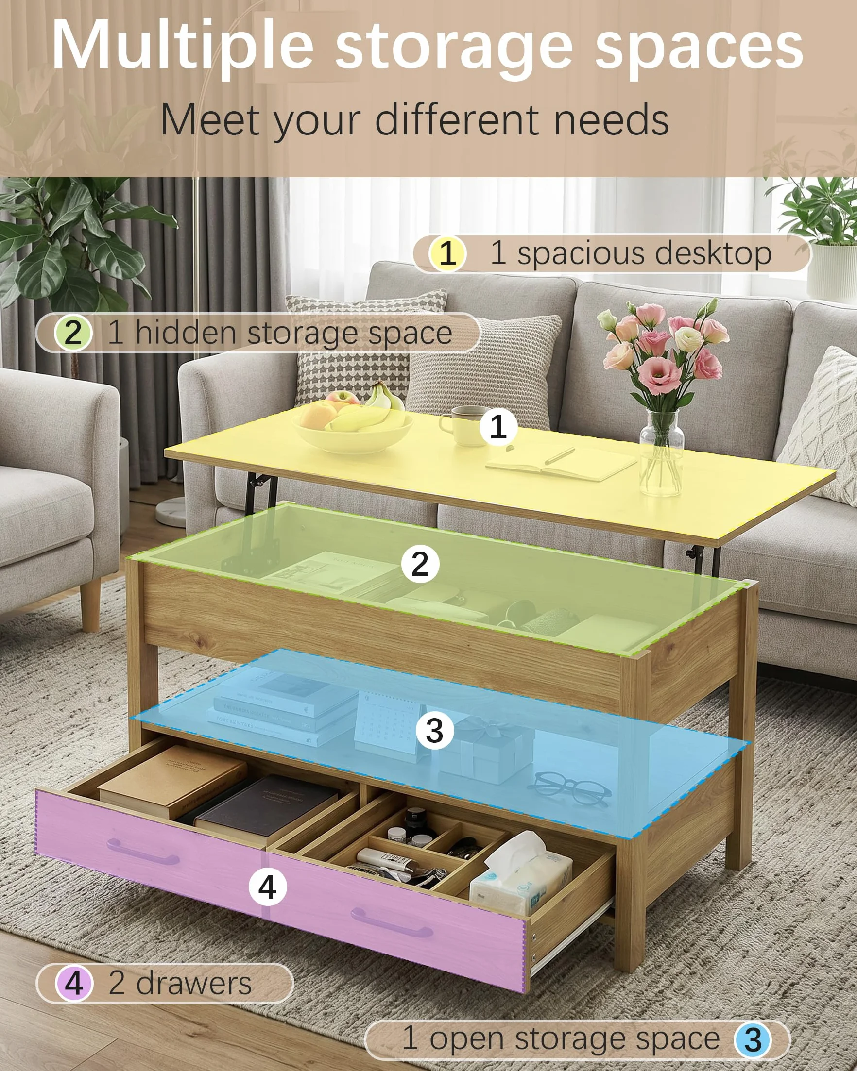 Mesa de Centro Elevable con LED RGB, Mesa Elevable y Extensible para Salón, Mesa Auxiliar Inteligente con Almacenamiento, Mesa para Sofa con Altura Ajustable