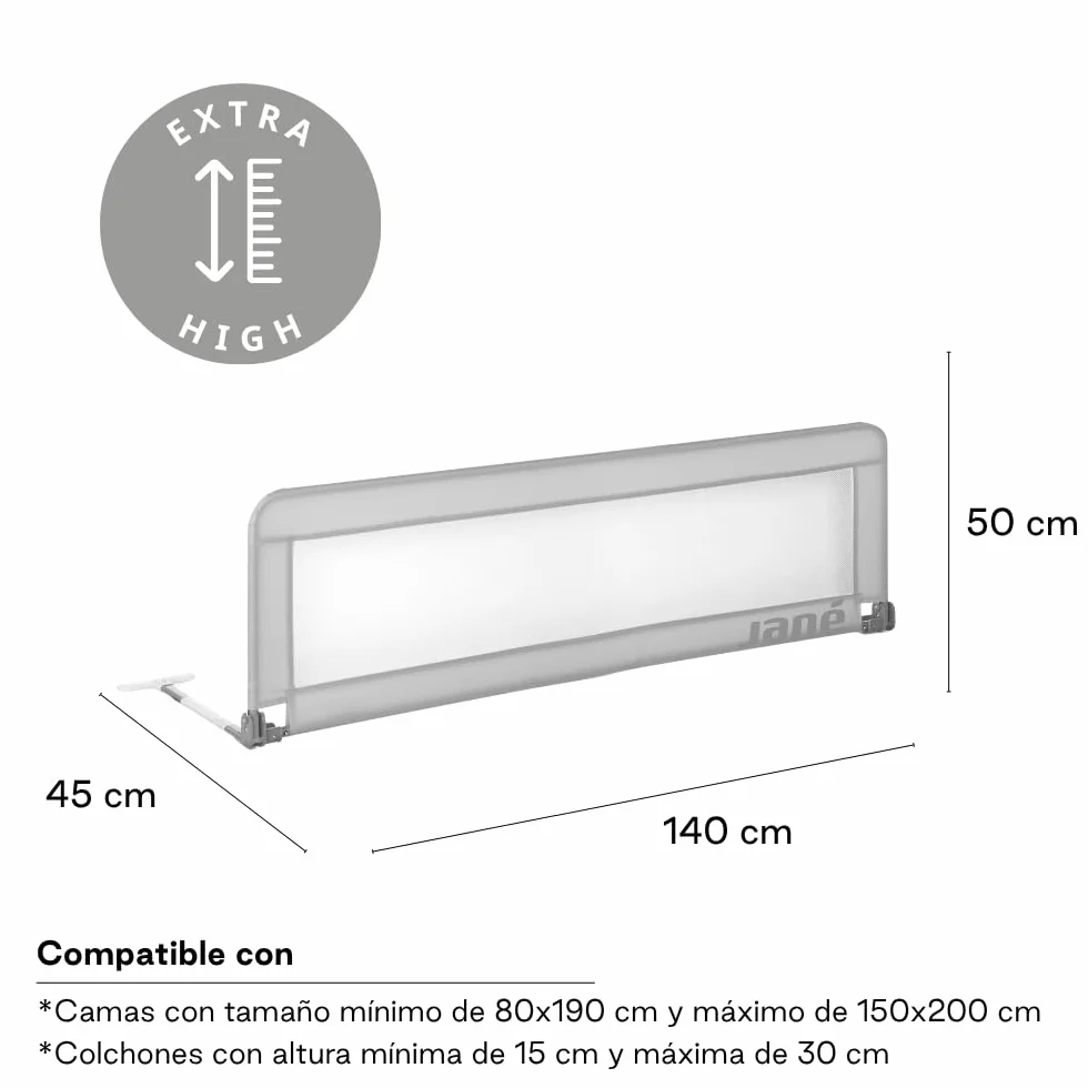 Jané Barrera de Cama Abatible 140 cm, Extra Alta y Transpirable, Plegable con Bolsa de Transporte, Gris