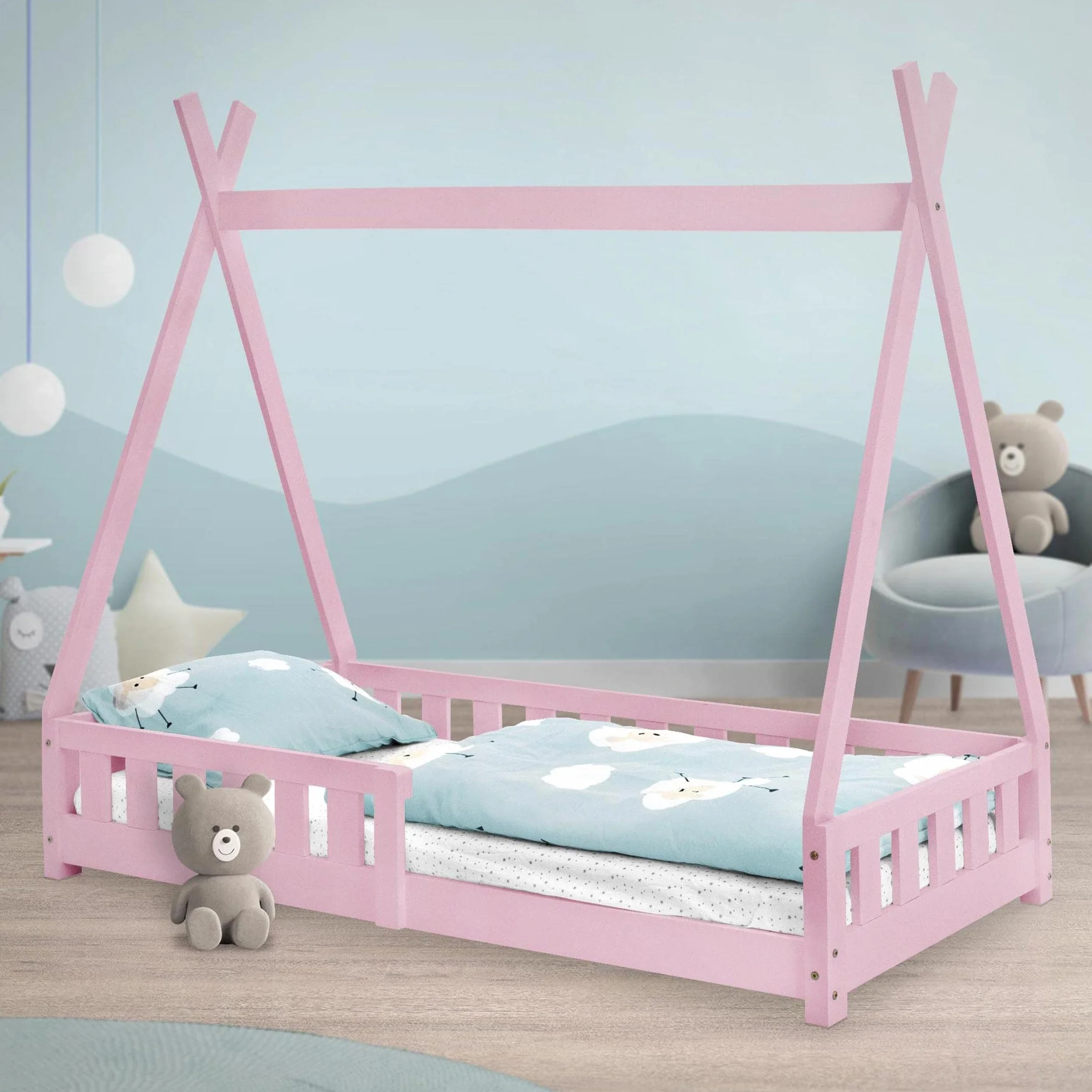 ML-Design Cama Infantil Tipi 80x160 cm con Protección Anticaída y Somier Estructura Listones de Madera de Pino Maciza Rosa Lecho Cuna de Suelo Forma de Casa Mobiliario Juego Tienda de Campaña Niños