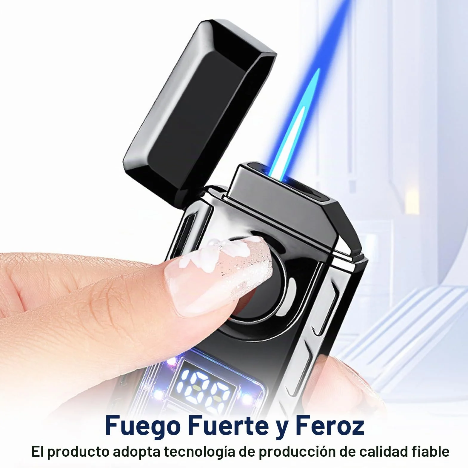 Encendedor de doble llama inteligente de metal con cámara de aire visible resistente al viento negro