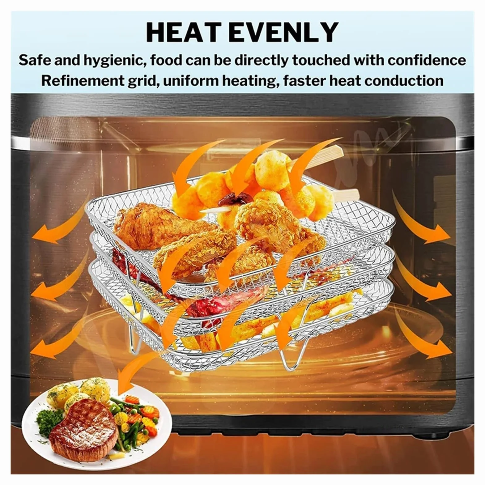 Accesorio para freidora de Aire: Rejilla de Acero Inoxidable para Barbacoa de 3 Niveles para Asar Carne a la perfección. Herramienta Esencial para freír y cocinar.