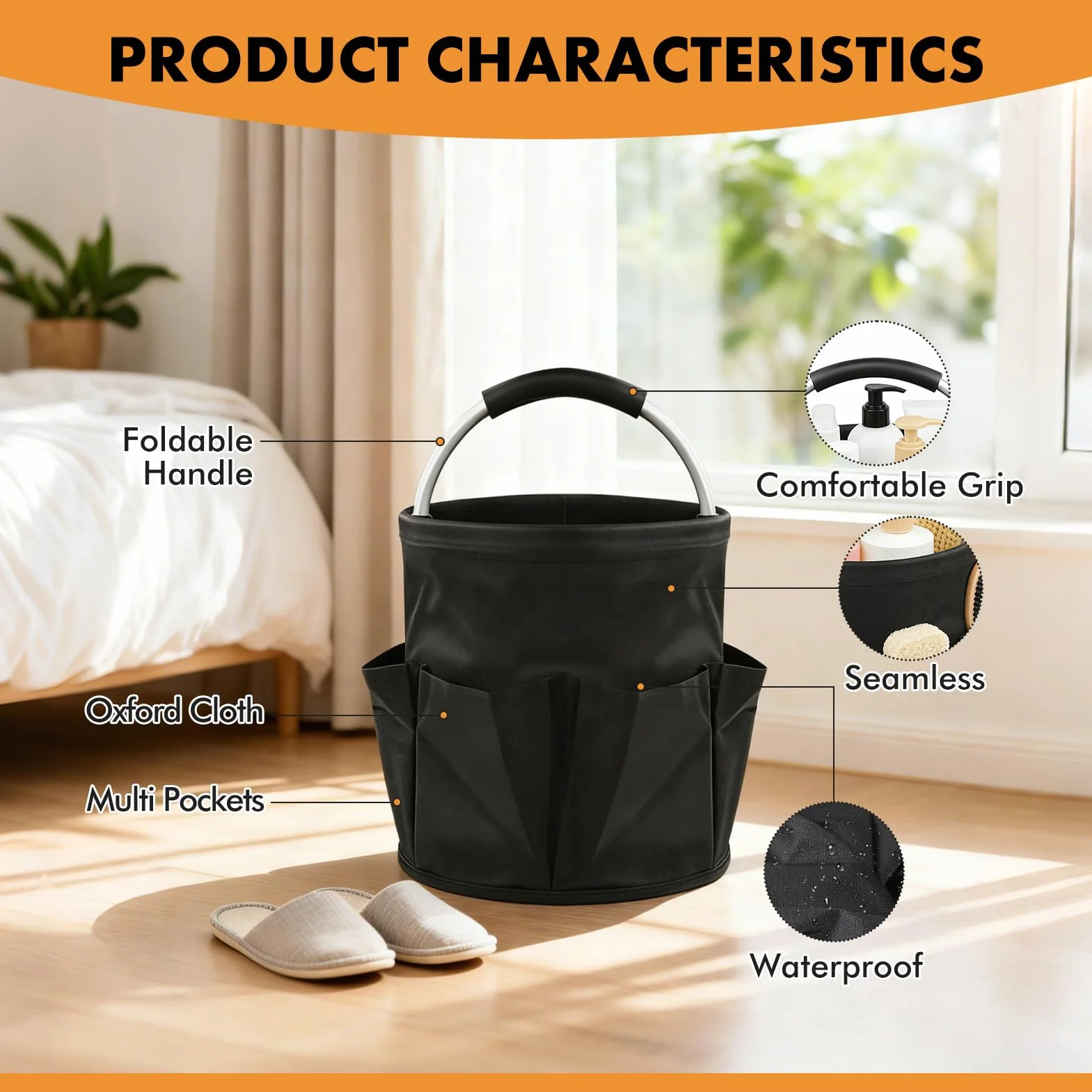 Organizador de Limpieza Plegable de 2 Piezas, Cubo 17L con Asa y 6 Bolsillos, Bolsa Almacenamiento de Tela Oxford 600D Impermeable, Cubo Portátil Multiusos para Hogar, Baño, Jardín,Negro
